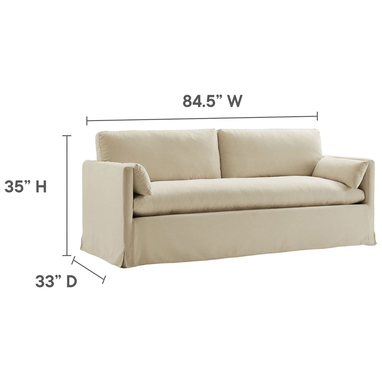 Linen slipcovered sofa with width, depth, and height dimensions provided for easy size reference || EEI-7260-LIN || dimension_studio