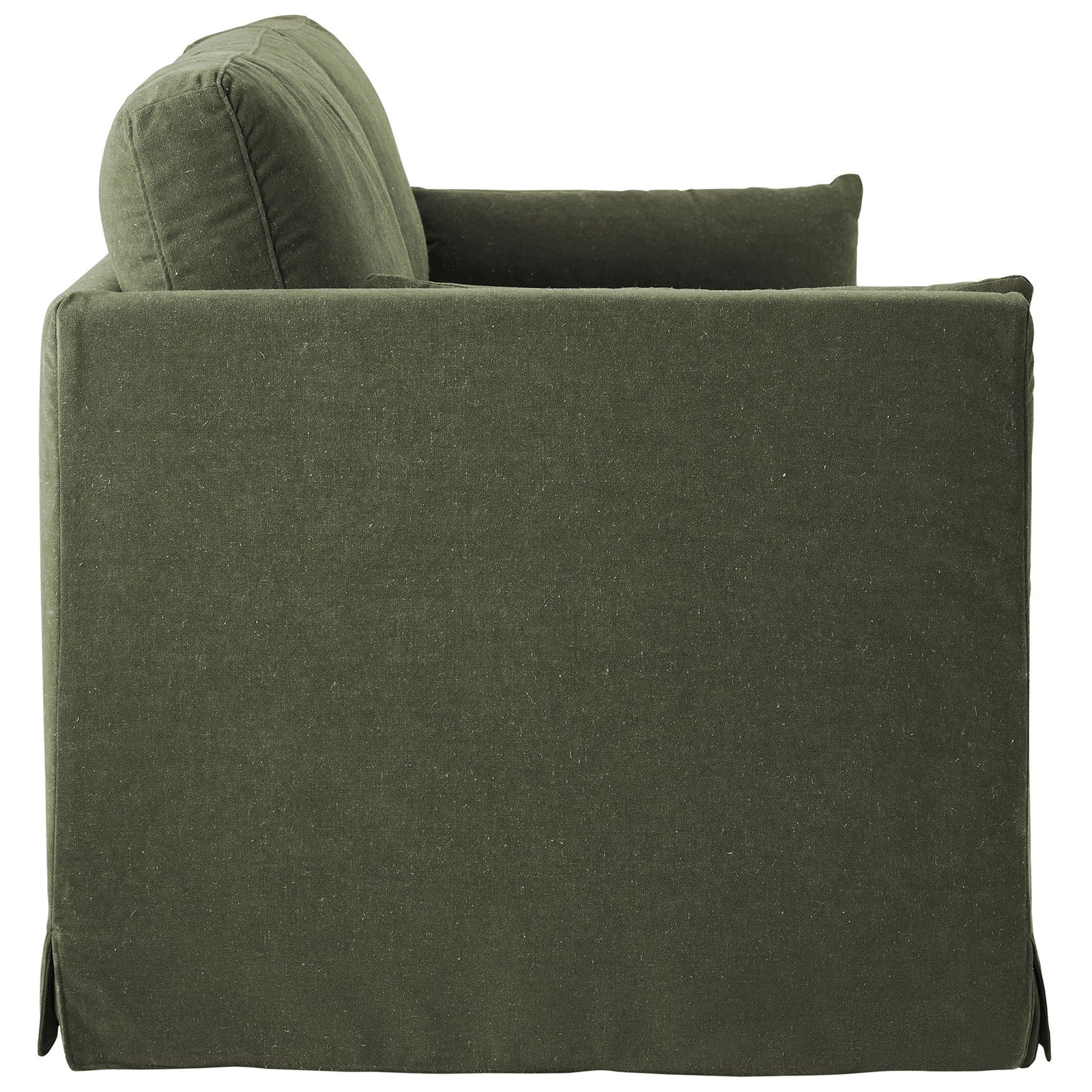 Sage green sofa with a smooth slipcovered side and slim track arm profile || EEI-7260-SGE || side_studio