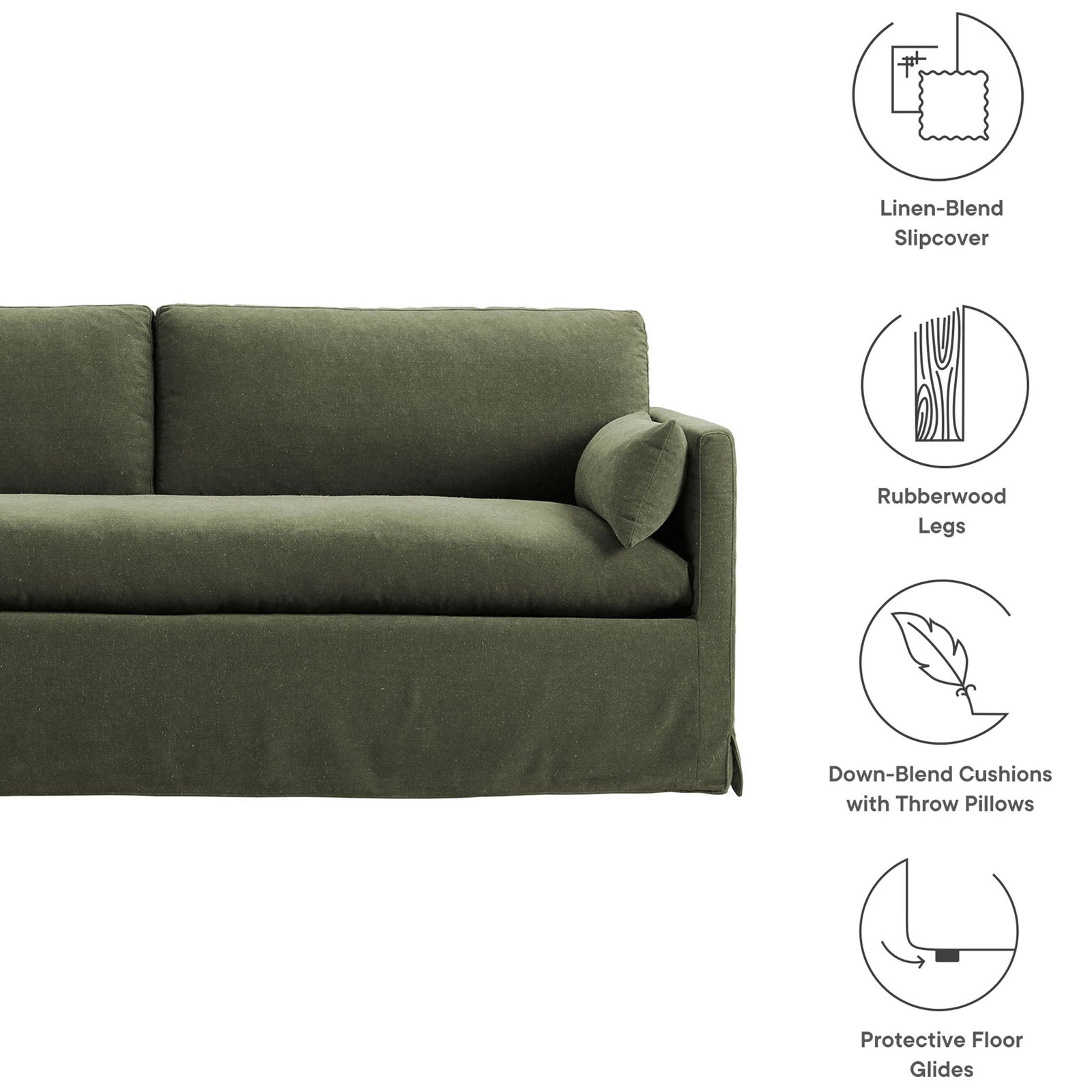 Sage green slipcovered sofa with icons noting linen blend fabric, down blend cushions, legs, and floor glides || EEI-7260-SGE || callout_studio