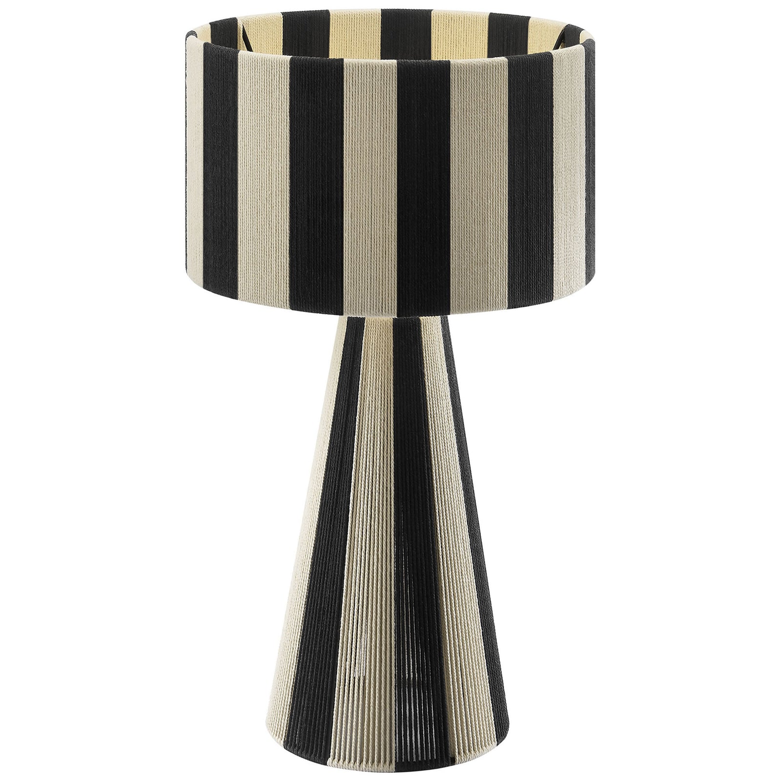 Modern black and cream striped lamp adds graphic contrast with its flared pedestal silhouette. || EEI-7261-BLK || front_on_studio