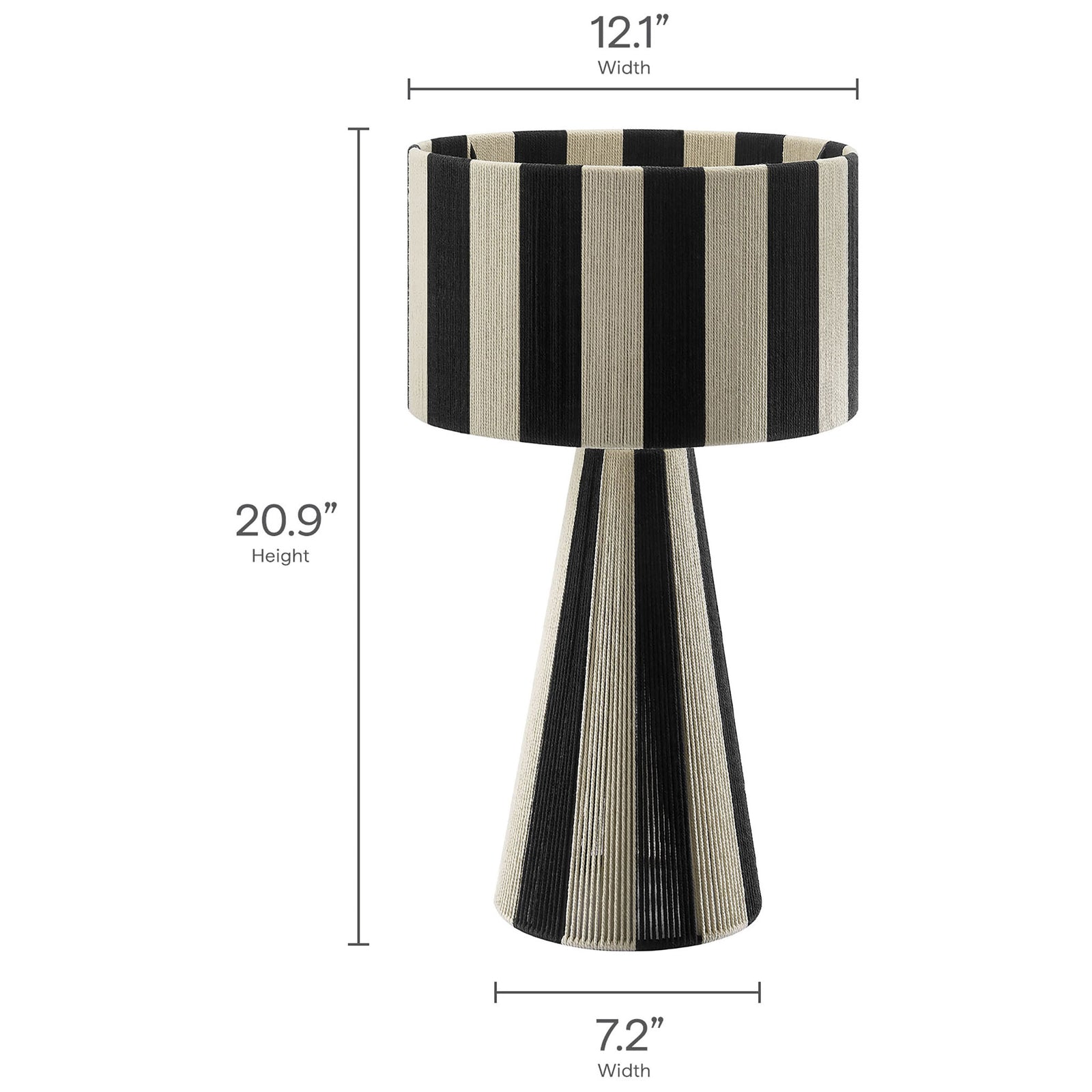 Dimension diagram presents the Renae striped table lamp's overall height and shade and base widths. || EEI-7261-BLK || dimension_studio