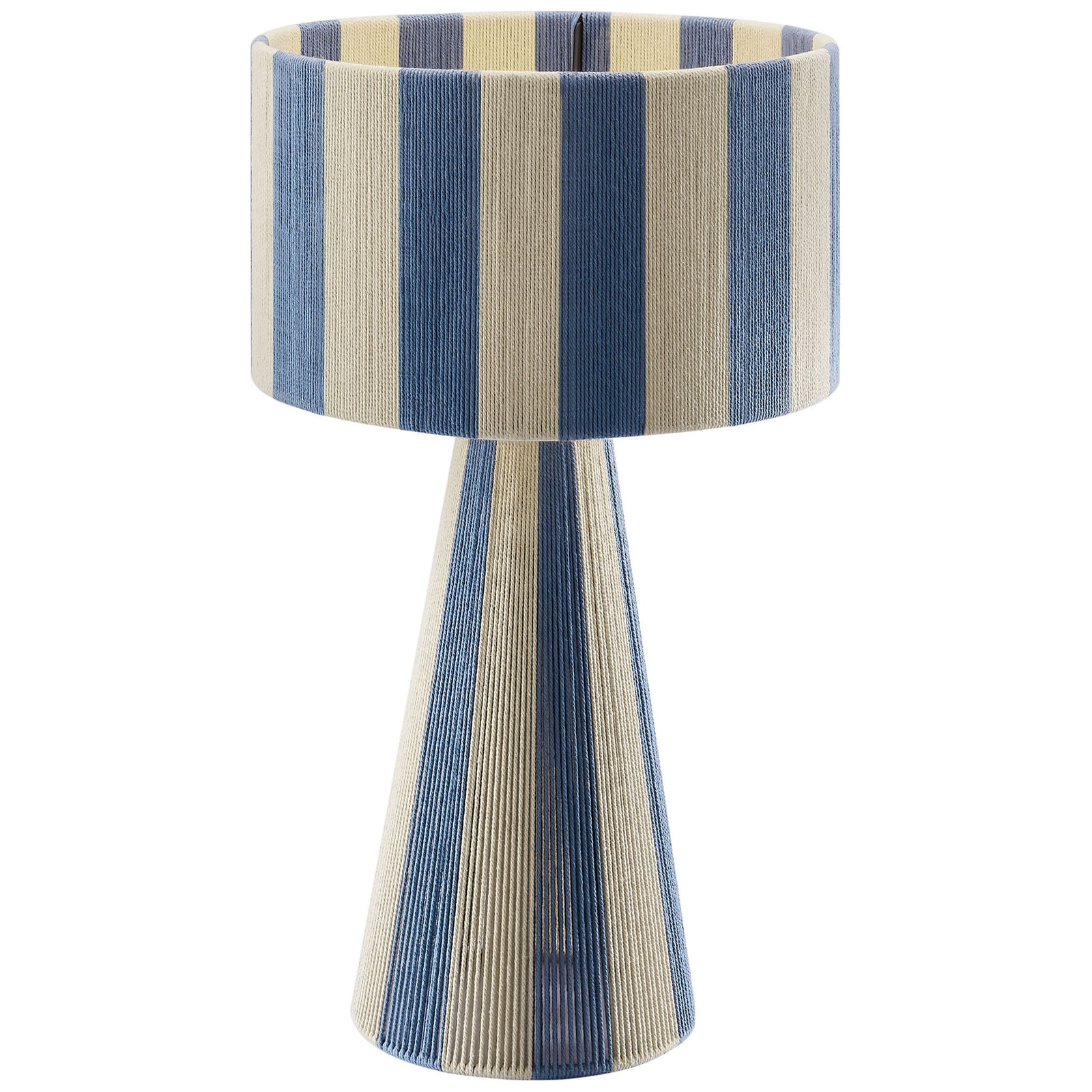 Bold capri blue stripes lend fresh coastal energy to this modern Renae table lamp. || EEI-7261-CBL || front_on_studio