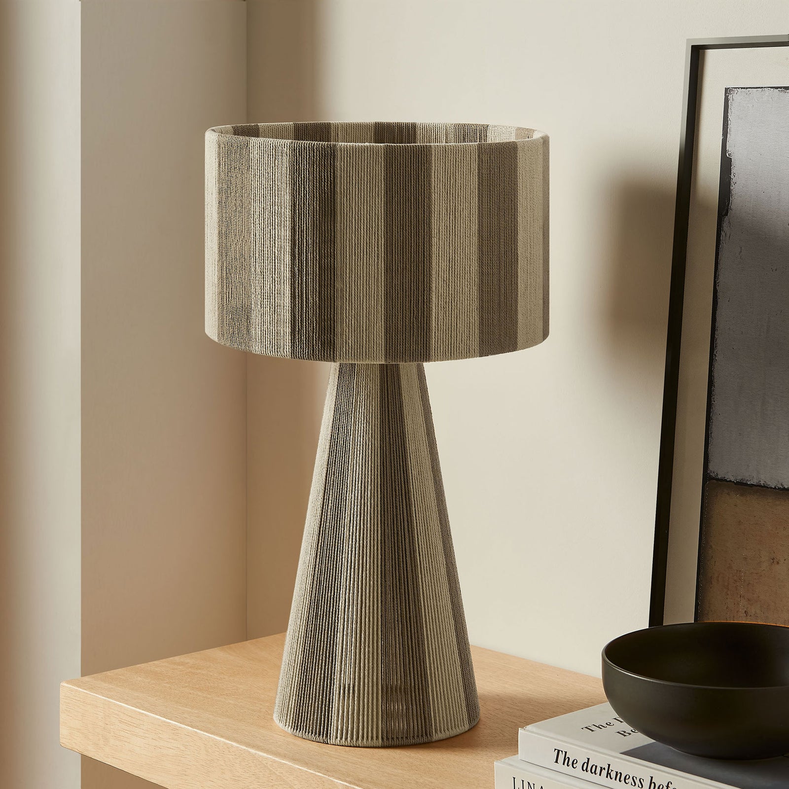 Renae cobblestone striped table lamp styles a simple console table in contemporary decor. || EEI-7261-COB || front_room
