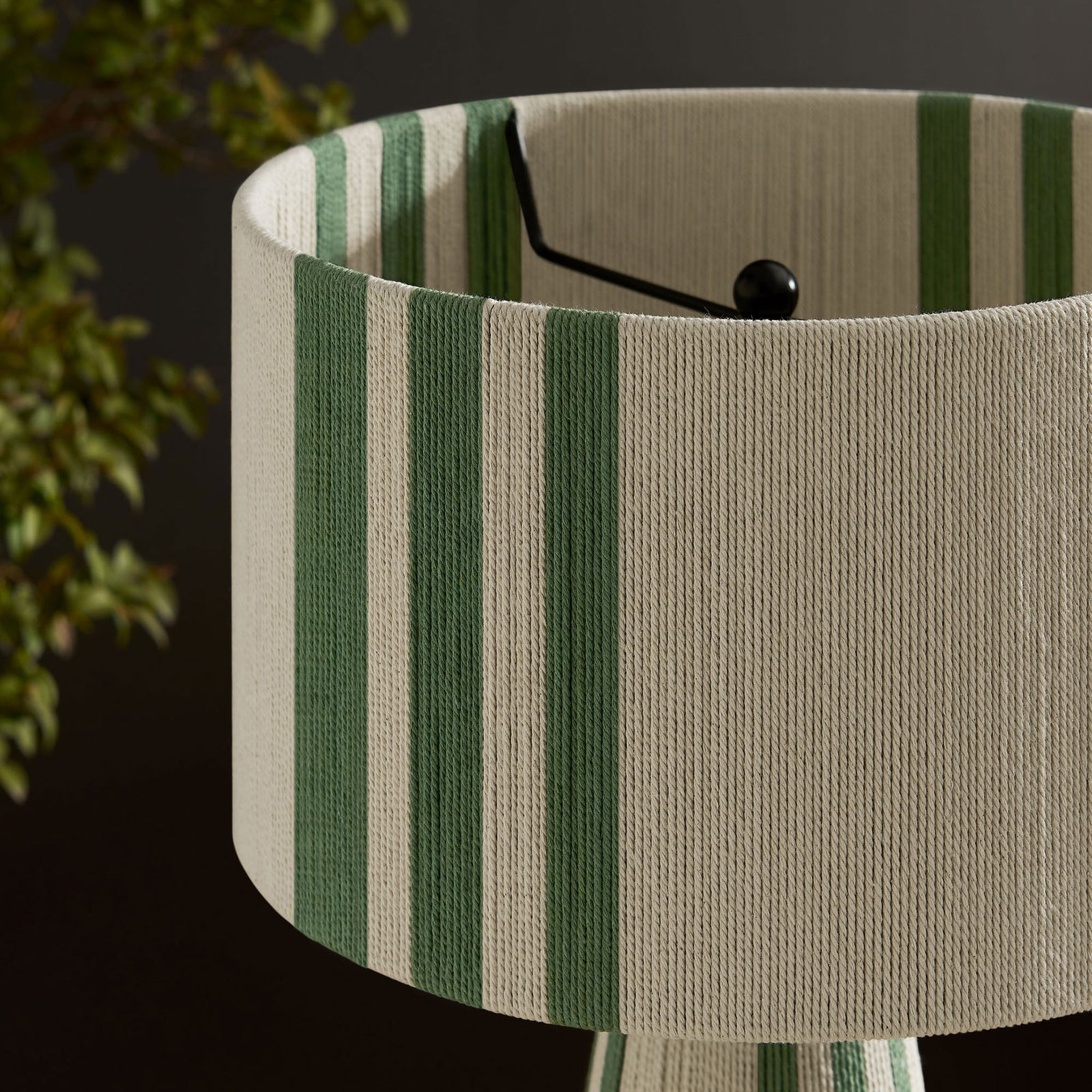 Textured basil green striped lamp shade brings soft pattern to a modern living room vignette. || EEI-7262-BAS || shade_room