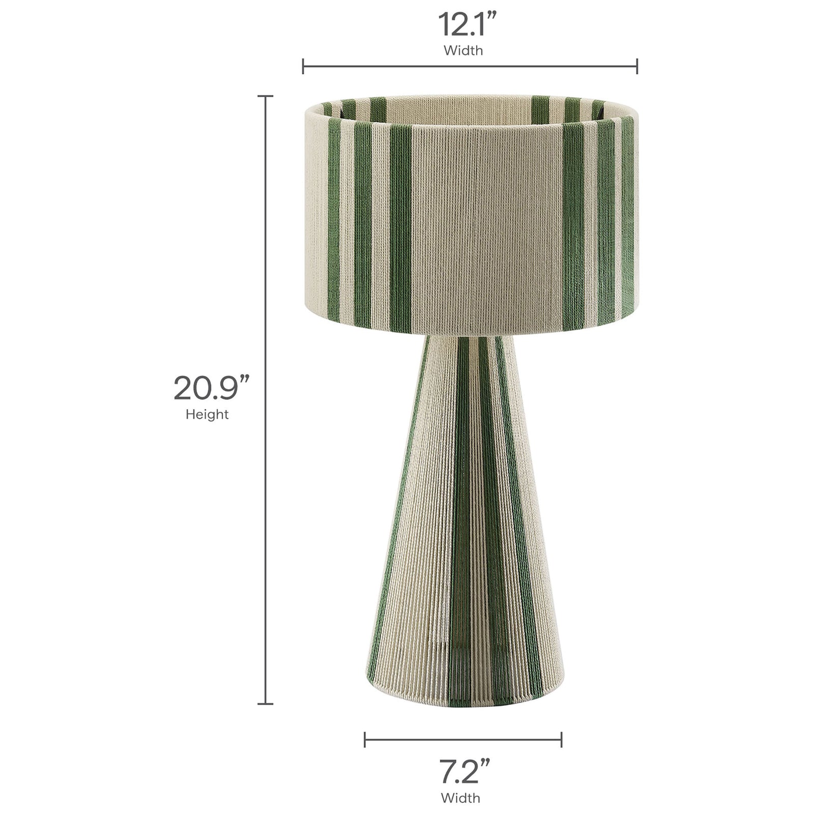 Dimensions of the basil green Gia table lamp with striped cotton shade and cone base. || EEI-7262-BAS || dimension_studio