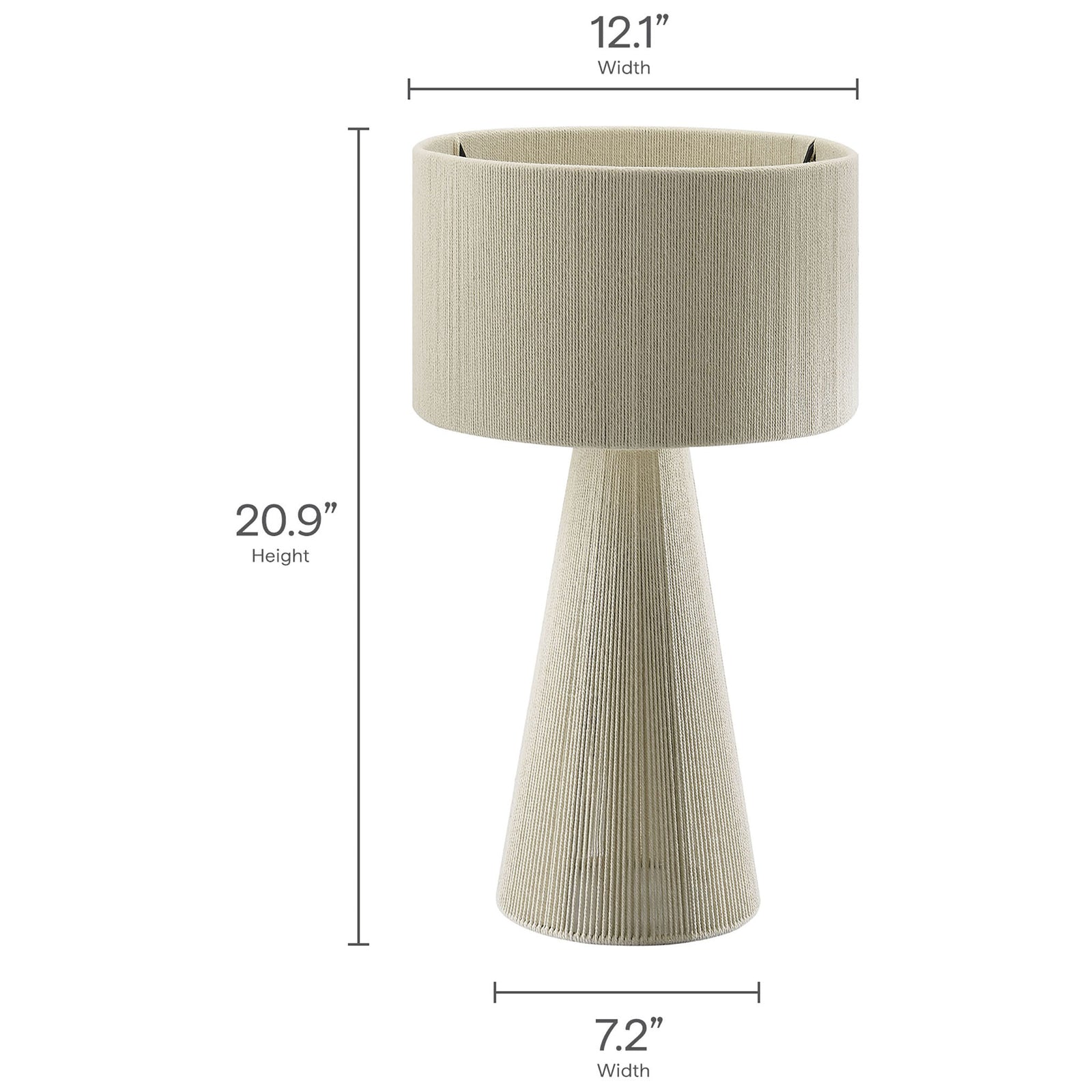 Dimensions of the natural Gia table lamp with cotton shade and cone base. || EEI-7262-NAT || dimension_studio