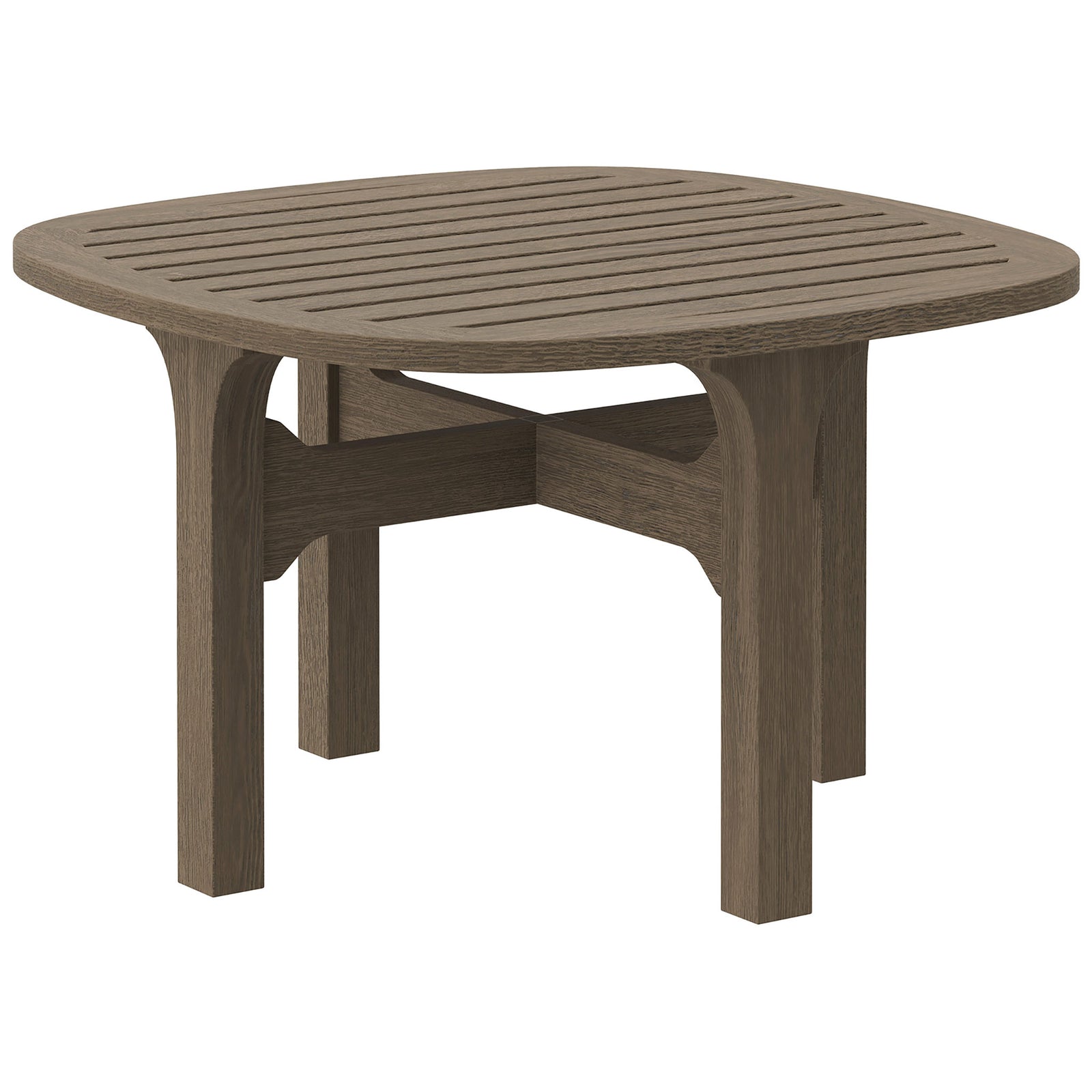 Saratoga weathered gray teak patio side table with slatted top and intersecting cross-brace base || EEI-7263-WGR || front_angle_studio