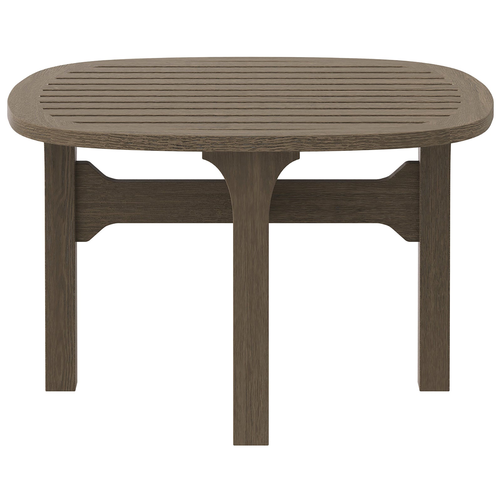 Saratoga weathered gray teak outdoor side table with rounded square slatted top and sturdy legs || EEI-7263-WGR || front_studio