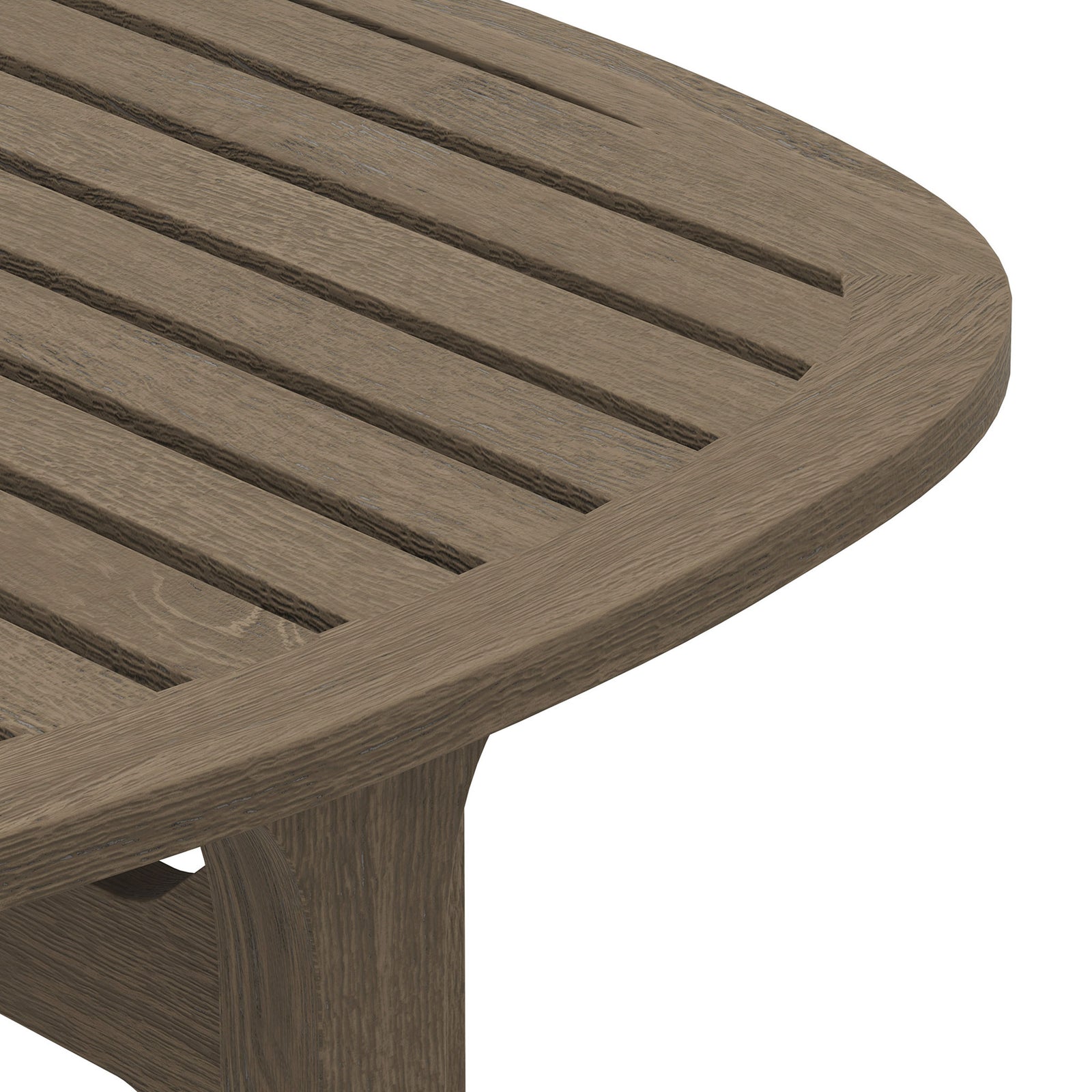 Rounded corner of the Saratoga teak side table showing smooth weathered gray finish and slatted top design || EEI-7263-WGR || detail_studio