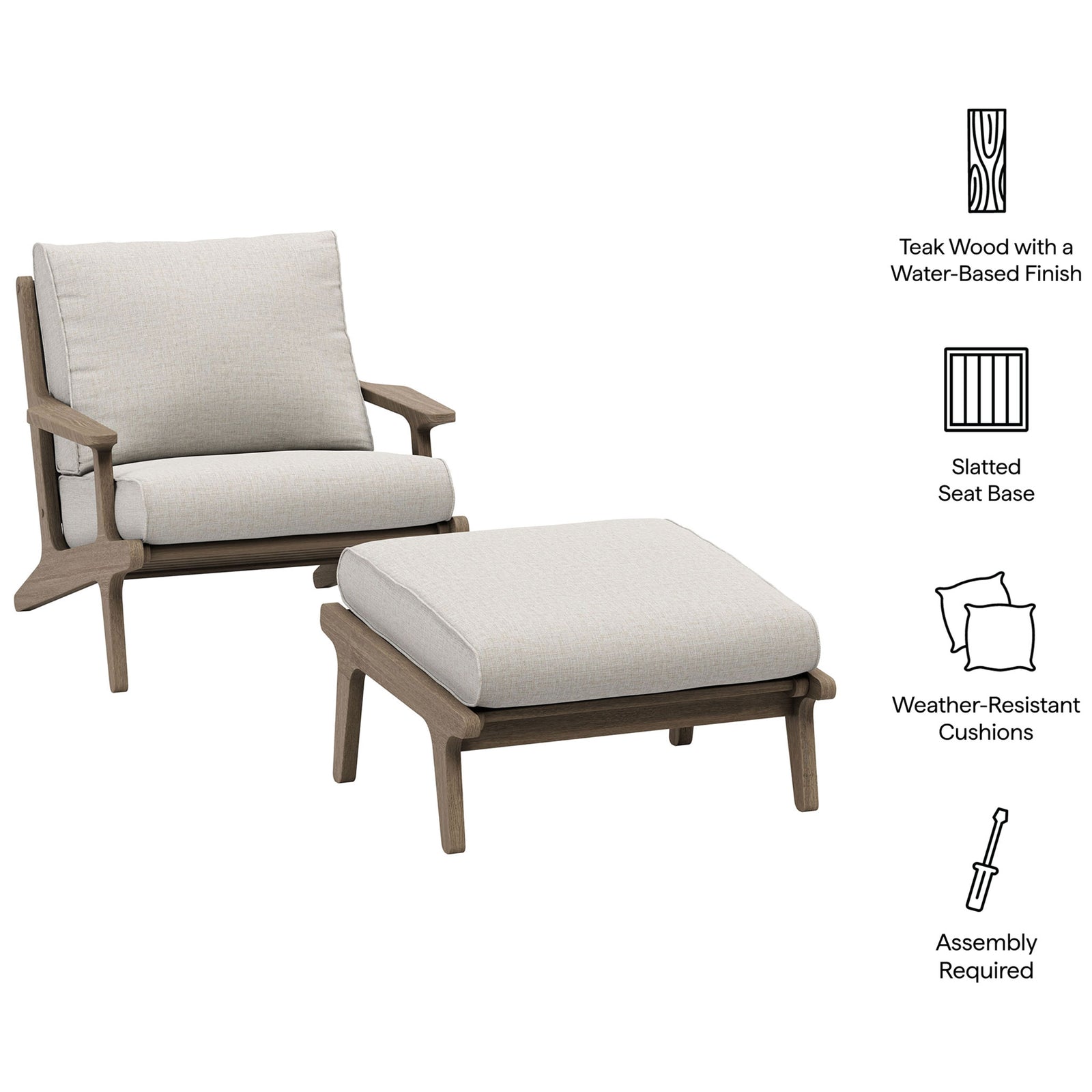 Feature view of Saratoga pebble chair and ottoman highlighting slatted teak base and weather resistant cushions || EEI-7268-WGR-PEB || callout_studio