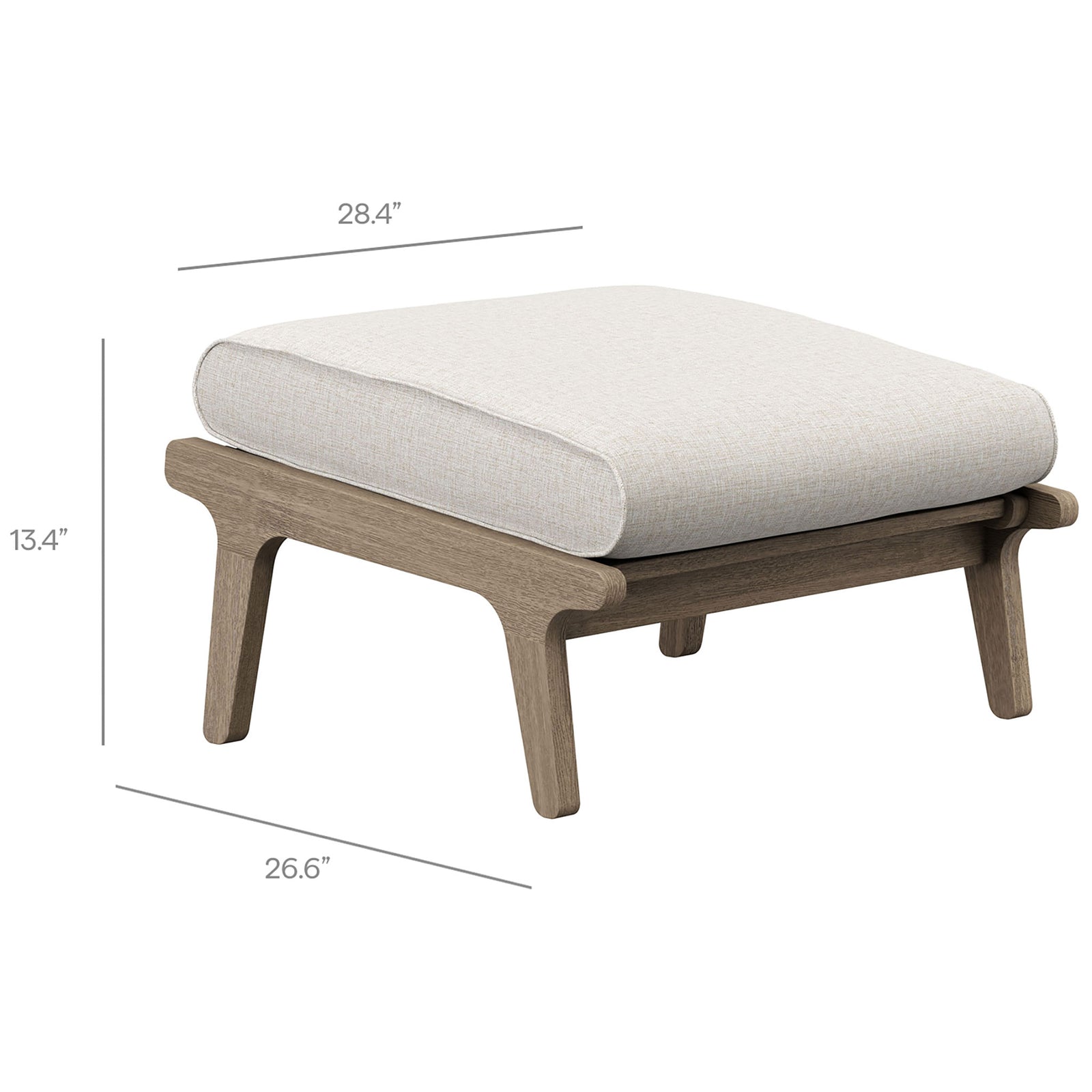 Saratoga pebble cushioned ottoman with minimalist teak frame sized for relaxed outdoor lounging || EEI-7268-WGR-PEB || dimension_studio