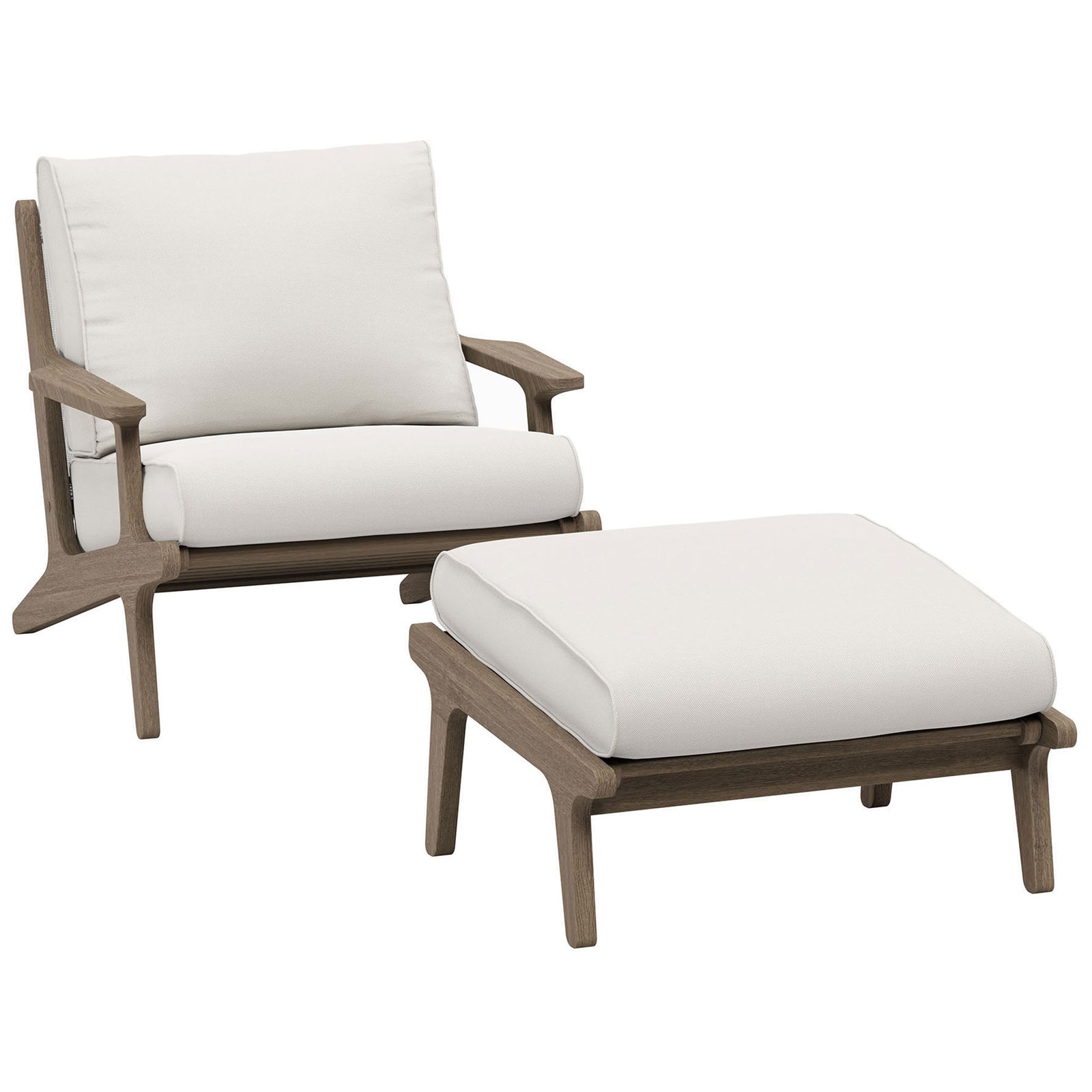 Saratoga teak outdoor chair and ottoman with crisp white cushions for fresh modern appeal || EEI-7268-WGR-WHI || front_angle_studio