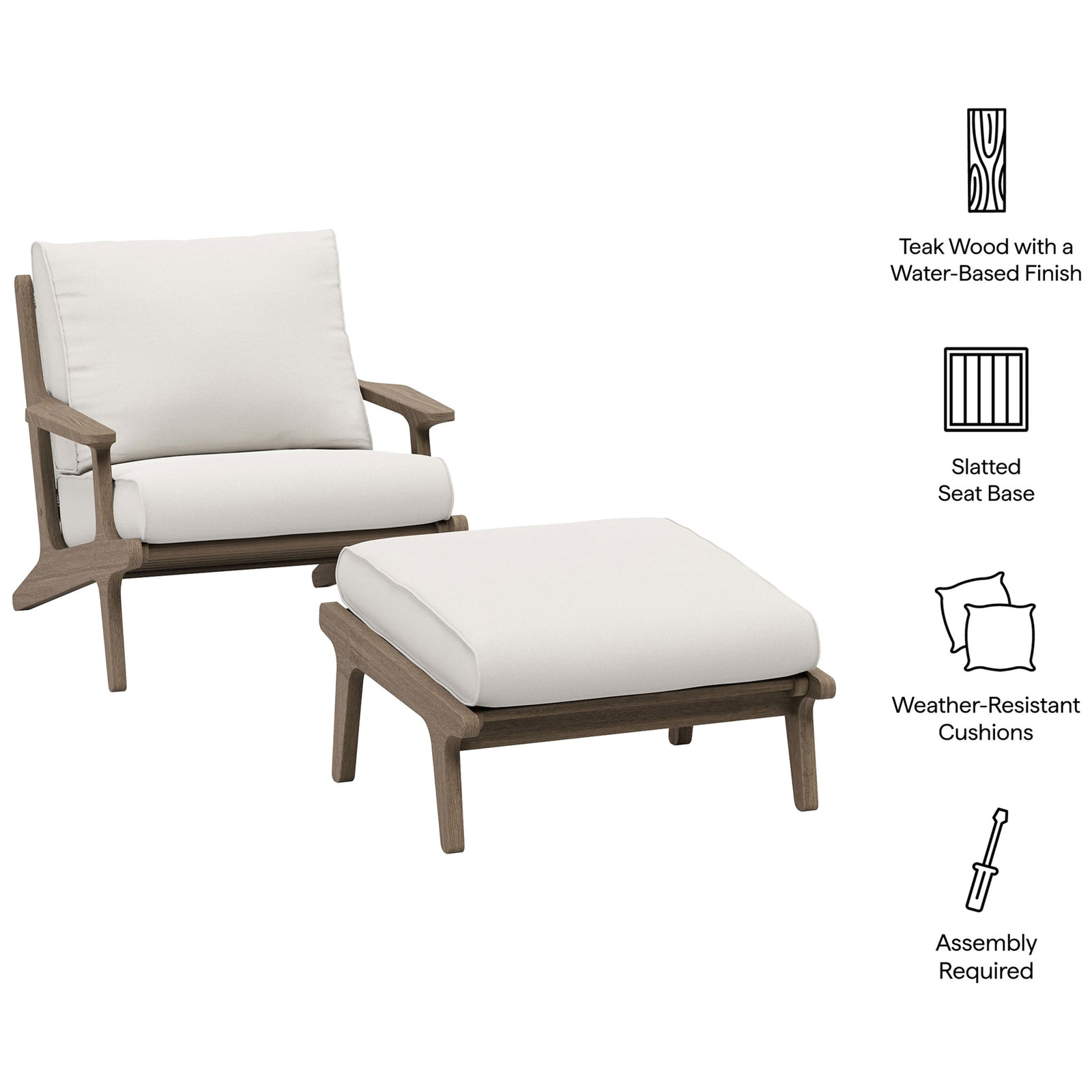 Feature view of Saratoga white chair and ottoman highlighting teak frame and weather resistant cushions || EEI-7268-WGR-WHI || callout_studio