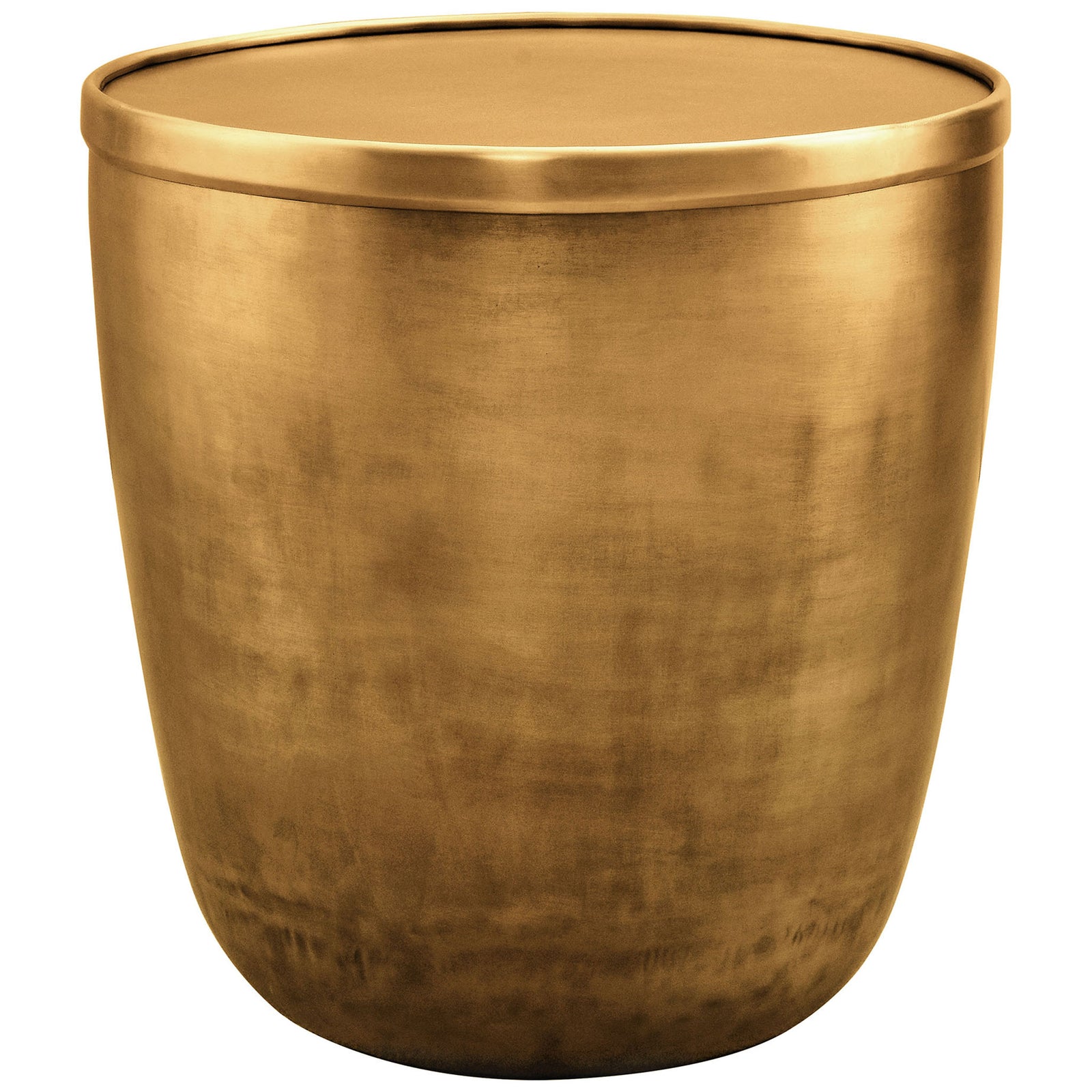 Burnished brass metal storage side table with sleek drum silhouette and smooth removable lid. || EEI-7272-BBR || front_studio