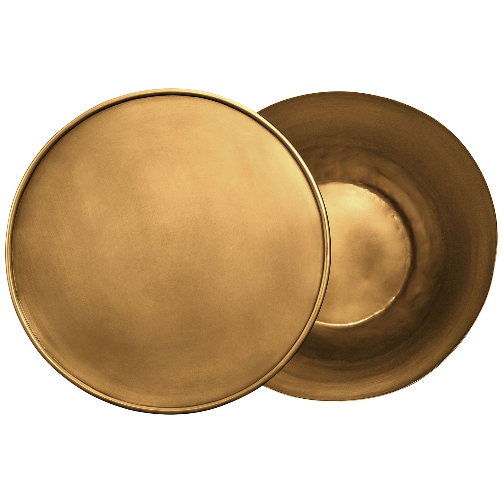 Open Viora metal drum table with burnished brass finish and matching tray lid shown side by side. || EEI-7272-BBR || top_open_studio