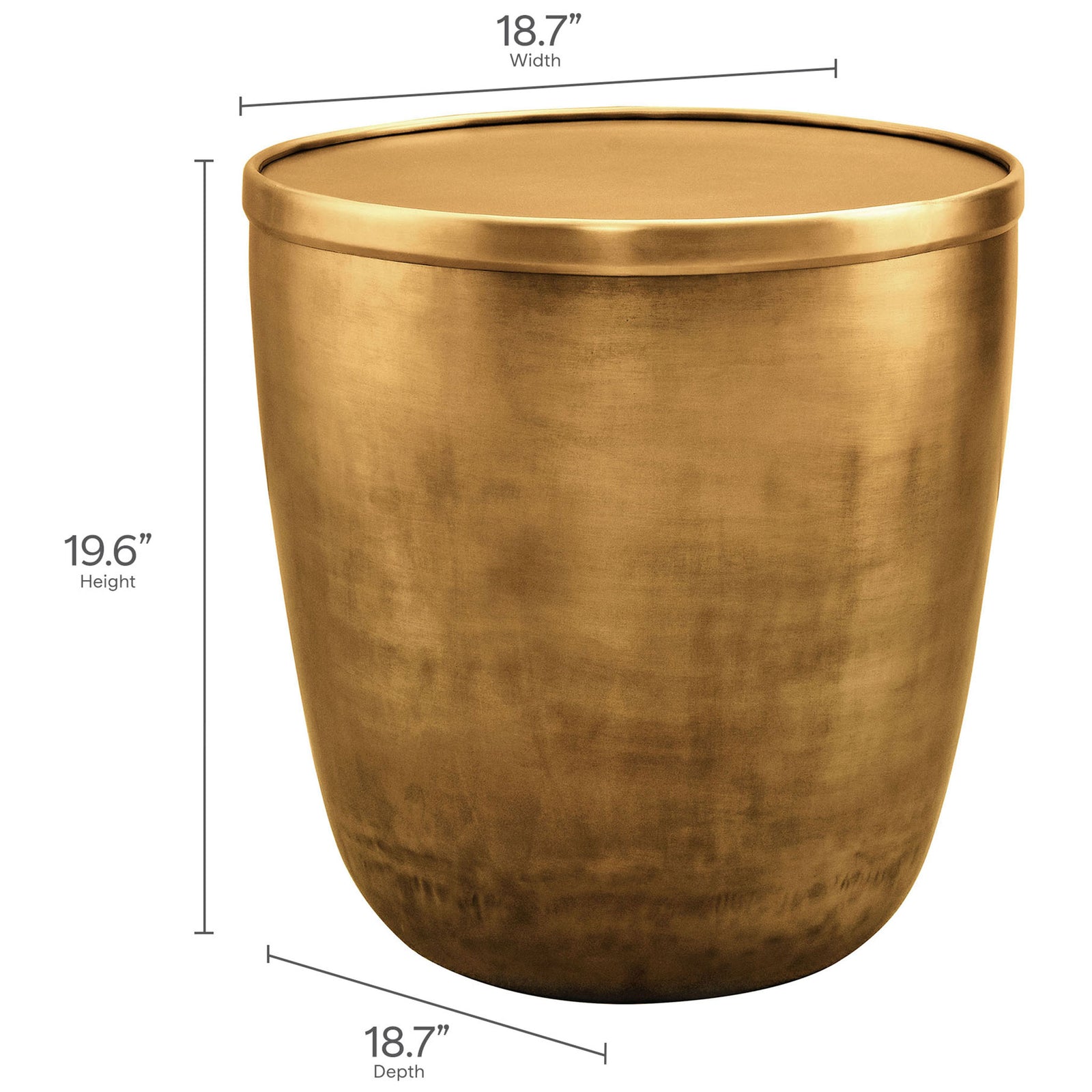 Viora burnished brass storage side table with width, depth, and height measurements for easy room planning. || EEI-7272-BBR || dimension_studio