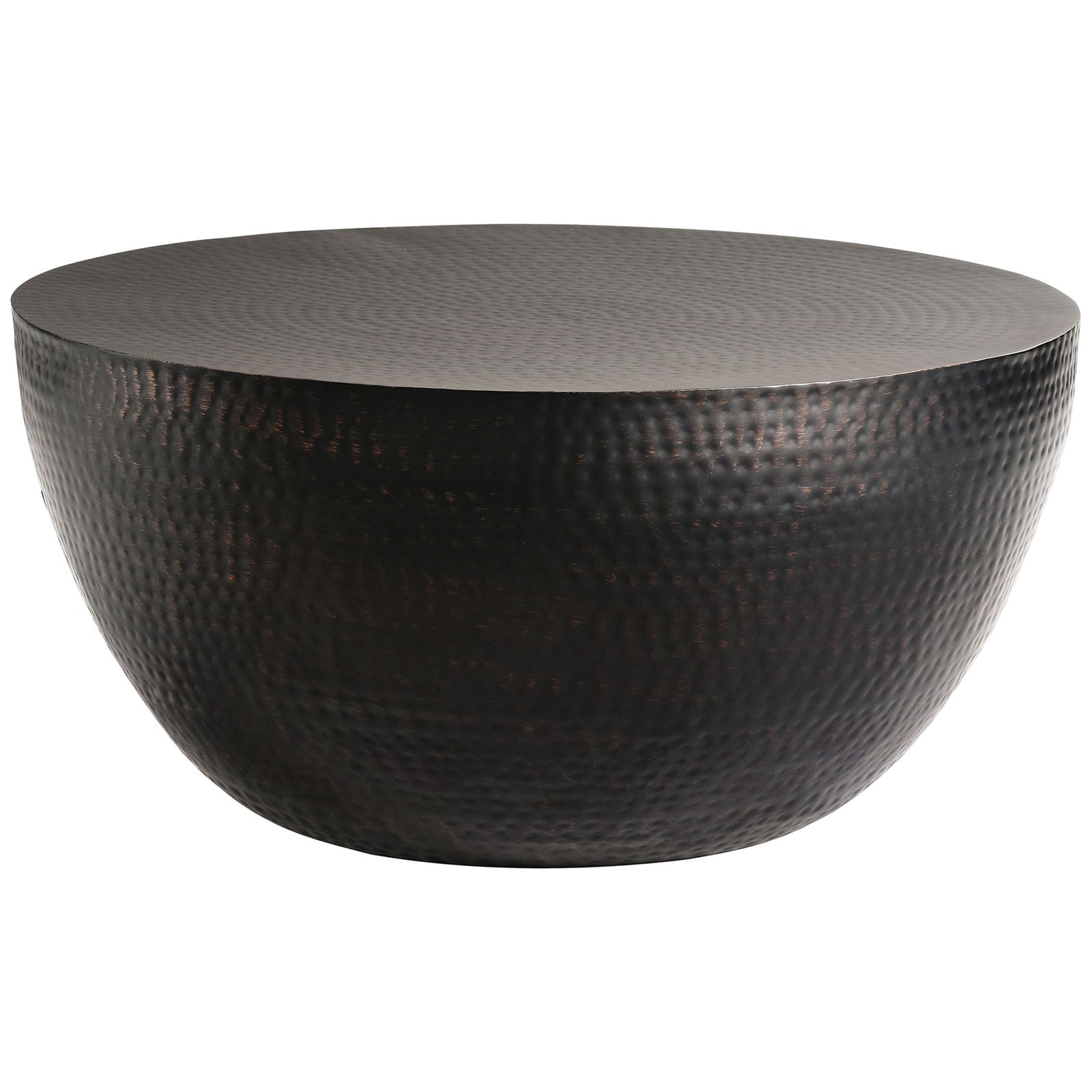 Handcrafted metal drum coffee table with rich hammered texture and bold rounded silhouette || EEI-7279-BLK || front_studio