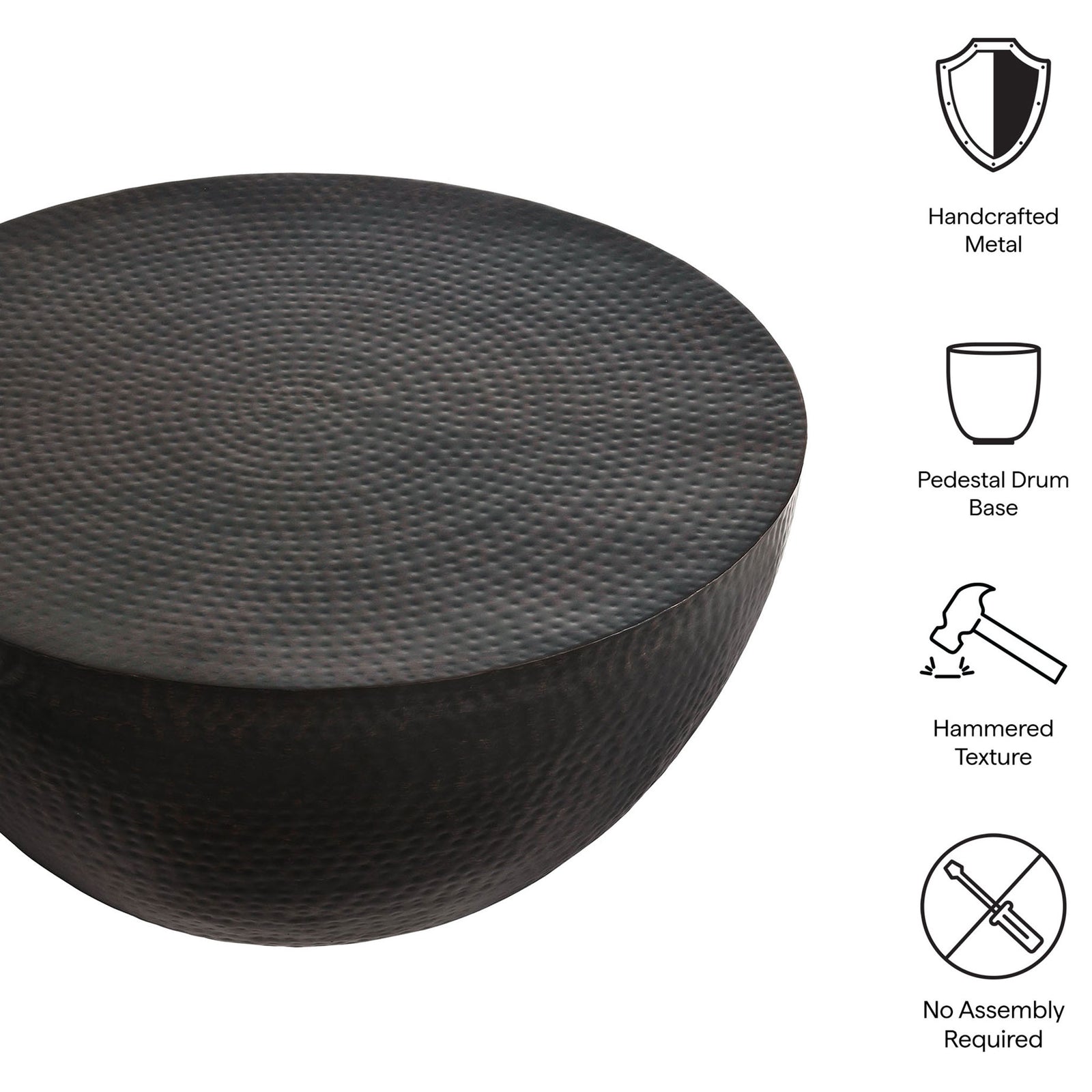 Handcrafted metal drum coffee table with pedestal base and no-assembly convenience || EEI-7279-BLK || callout_studio