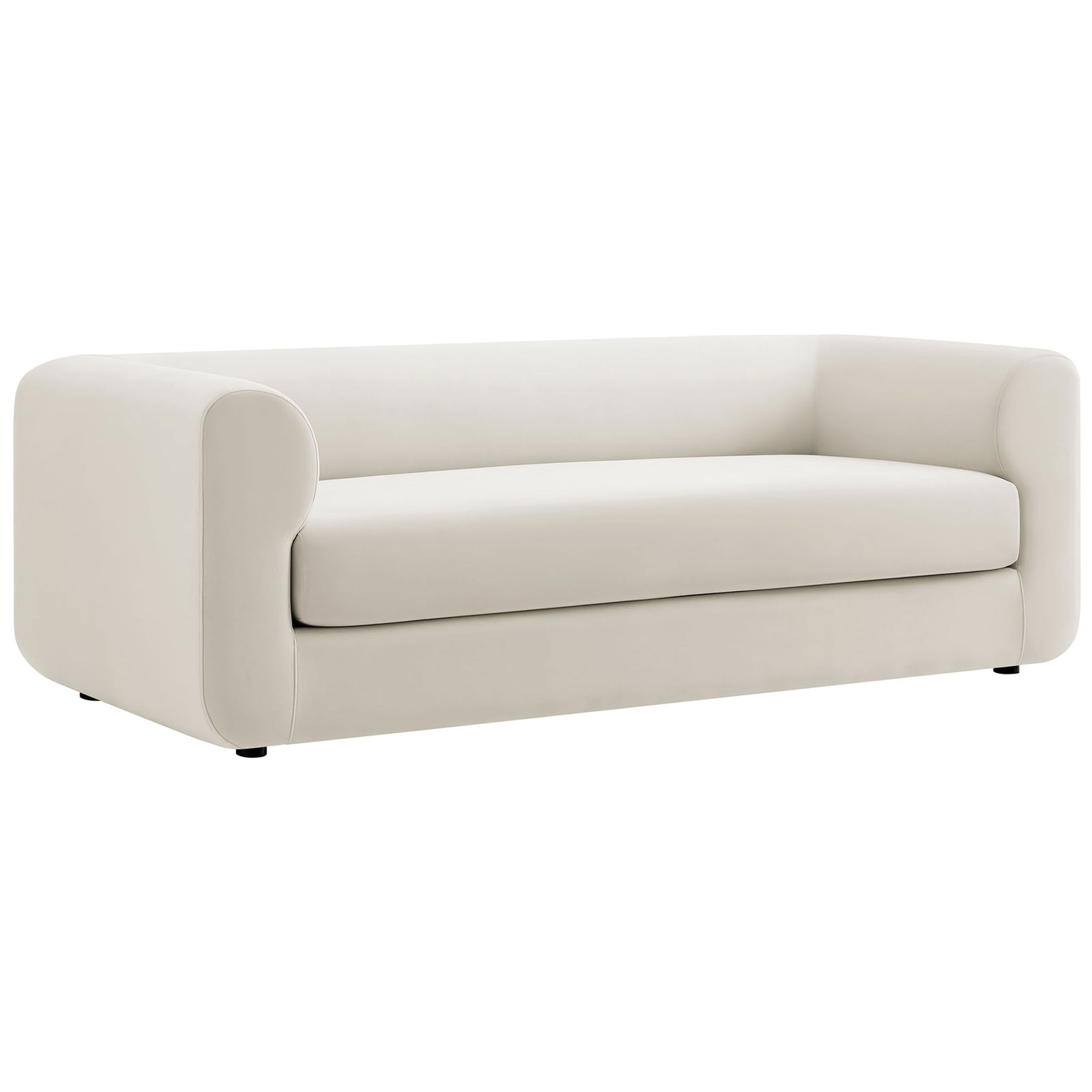 Sculptural modern sofa in soft alabaster velvet with generous single seat cushion and curved arms || EEI-7281-ALA || front_angle_studio