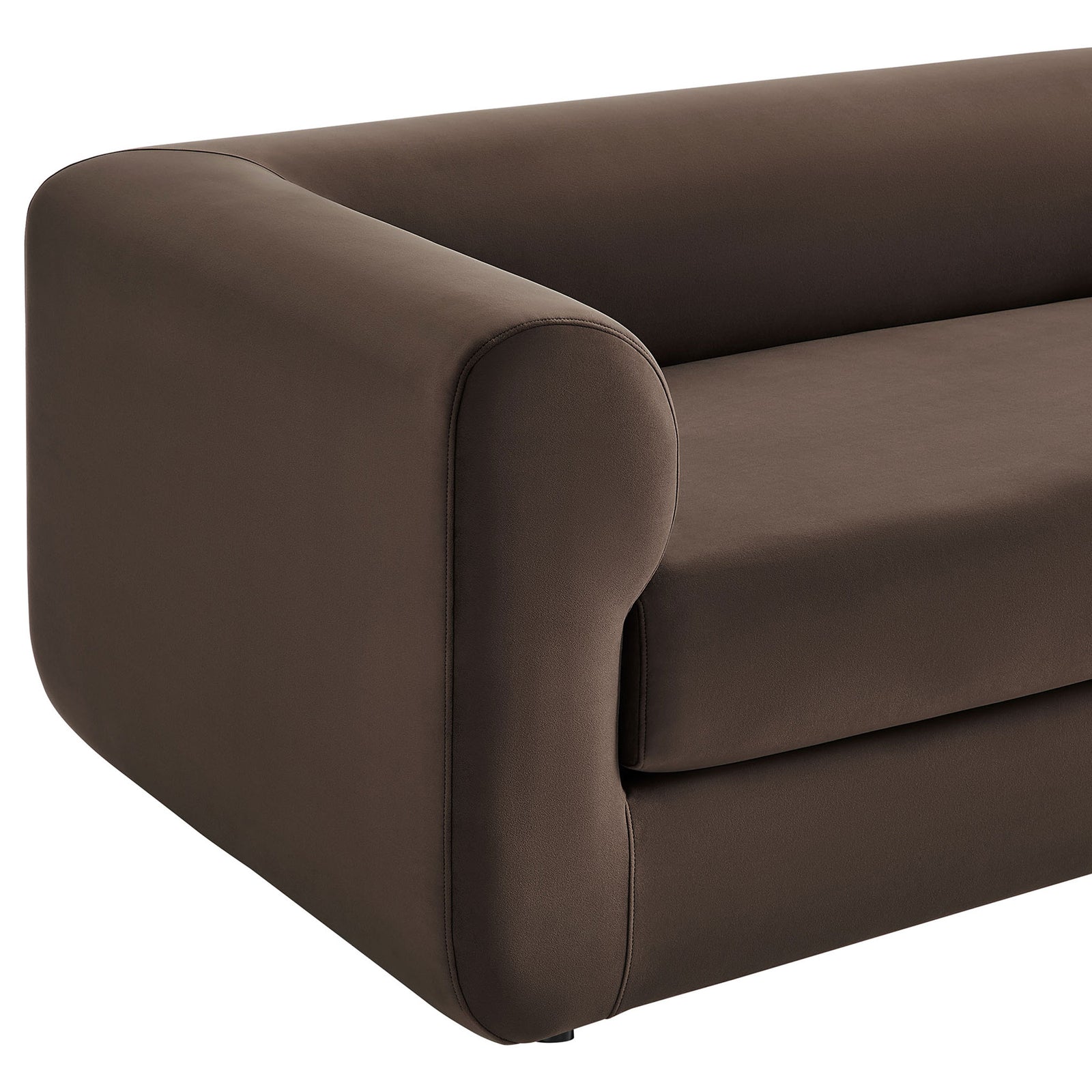 Chocolate brown velvet sofa highlighting the rolled arm, tight upholstery, and smooth bench seat || EEI-7281-CHB || detail_studio