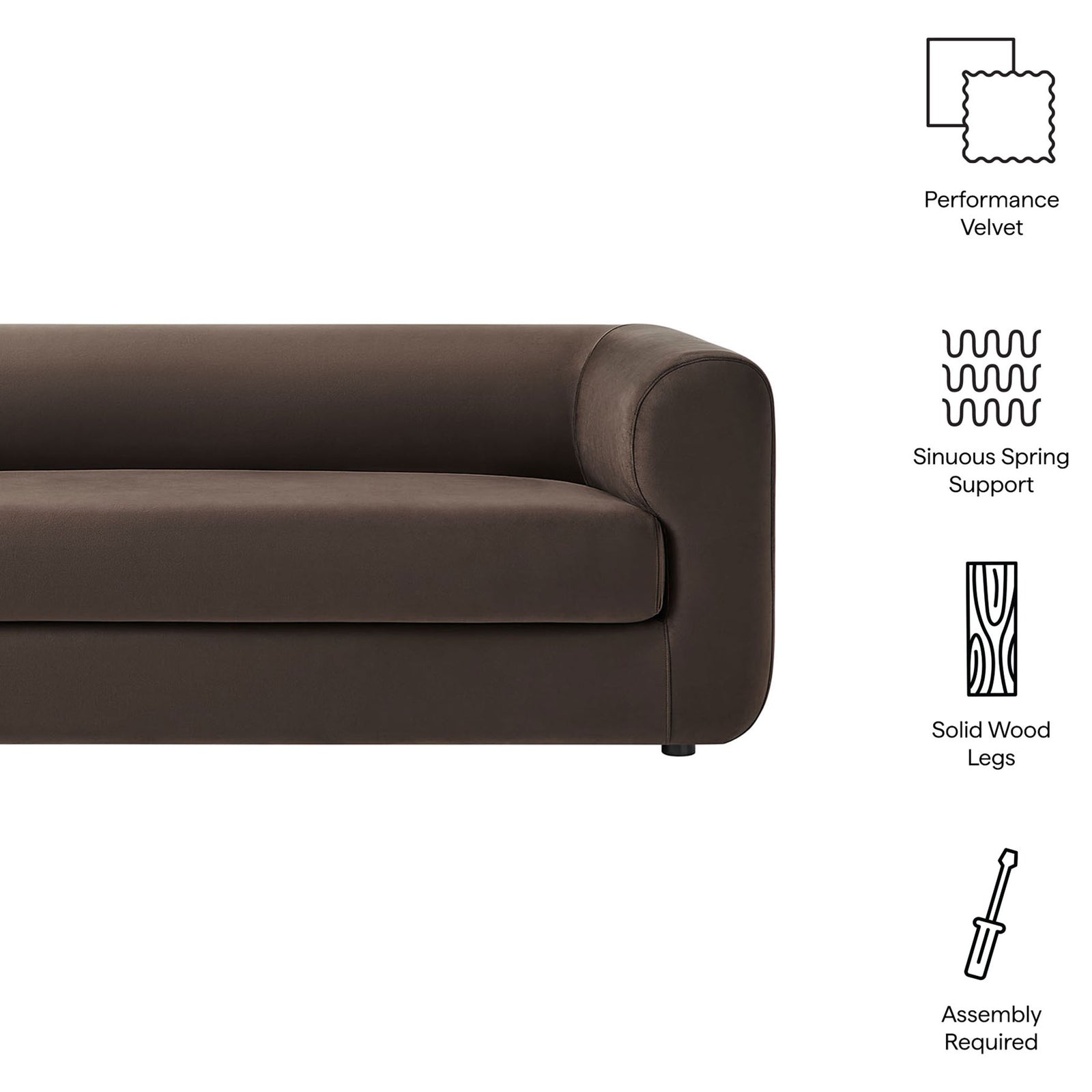 Chocolate brown velvet sofa with overlay icons highlighting performance fabric, spring support, and solid wood legs || EEI-7281-CHB || callout_studio