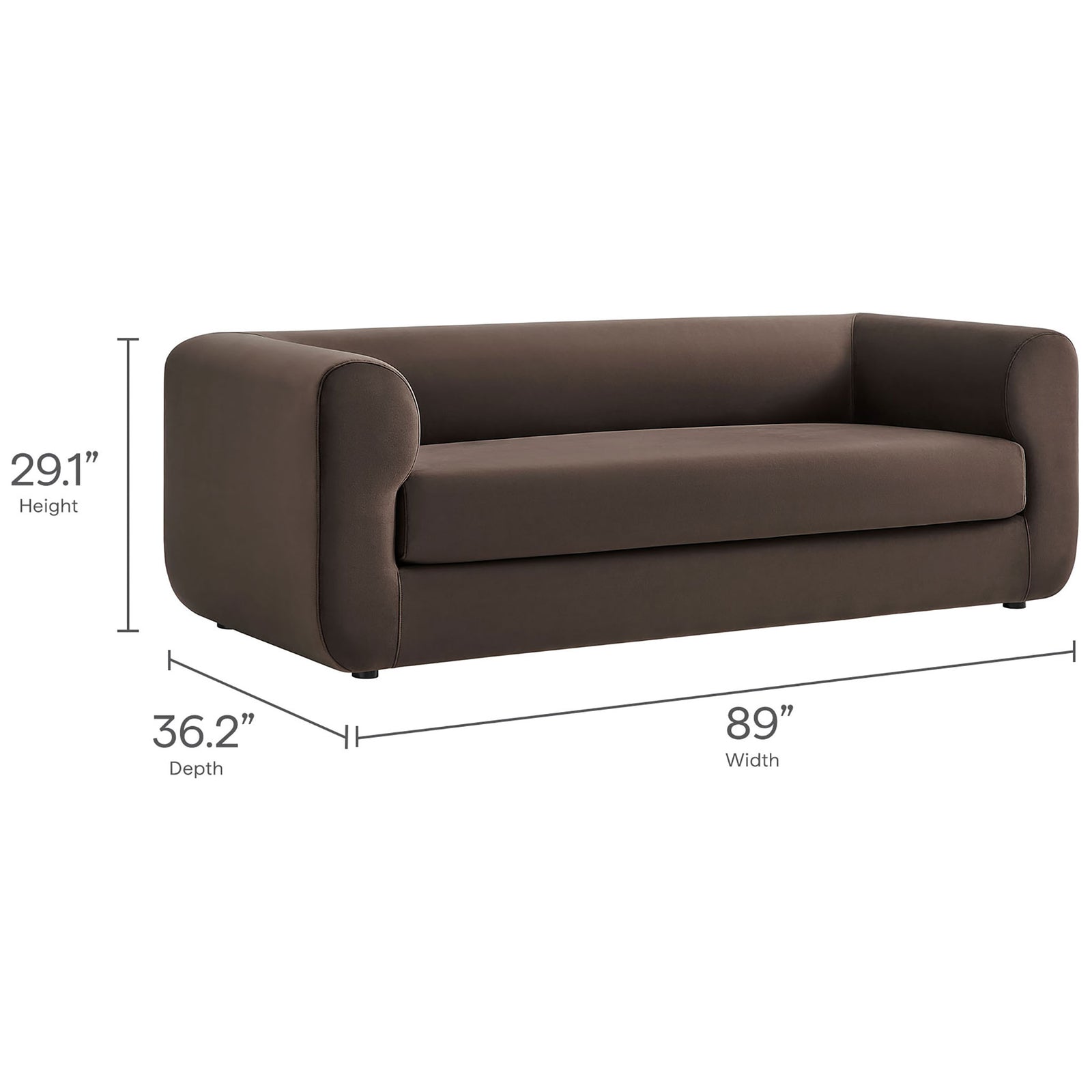 Dimension diagram of the chocolate brown velvet sofa showing 89 inch width, 36.2 inch depth, and 29.1 inch height || EEI-7281-CHB || dimension_studio