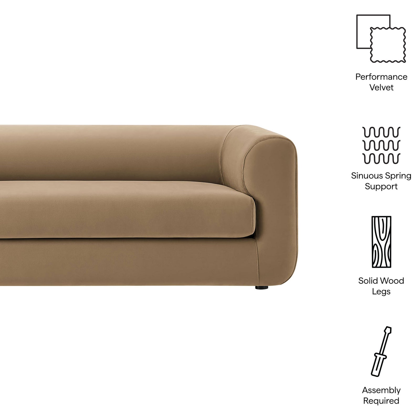 Feature icons highlight the Leif sofa design with performance velvet, sinuous spring support, and solid wood legs || EEI-7281-TAU || callout_studio