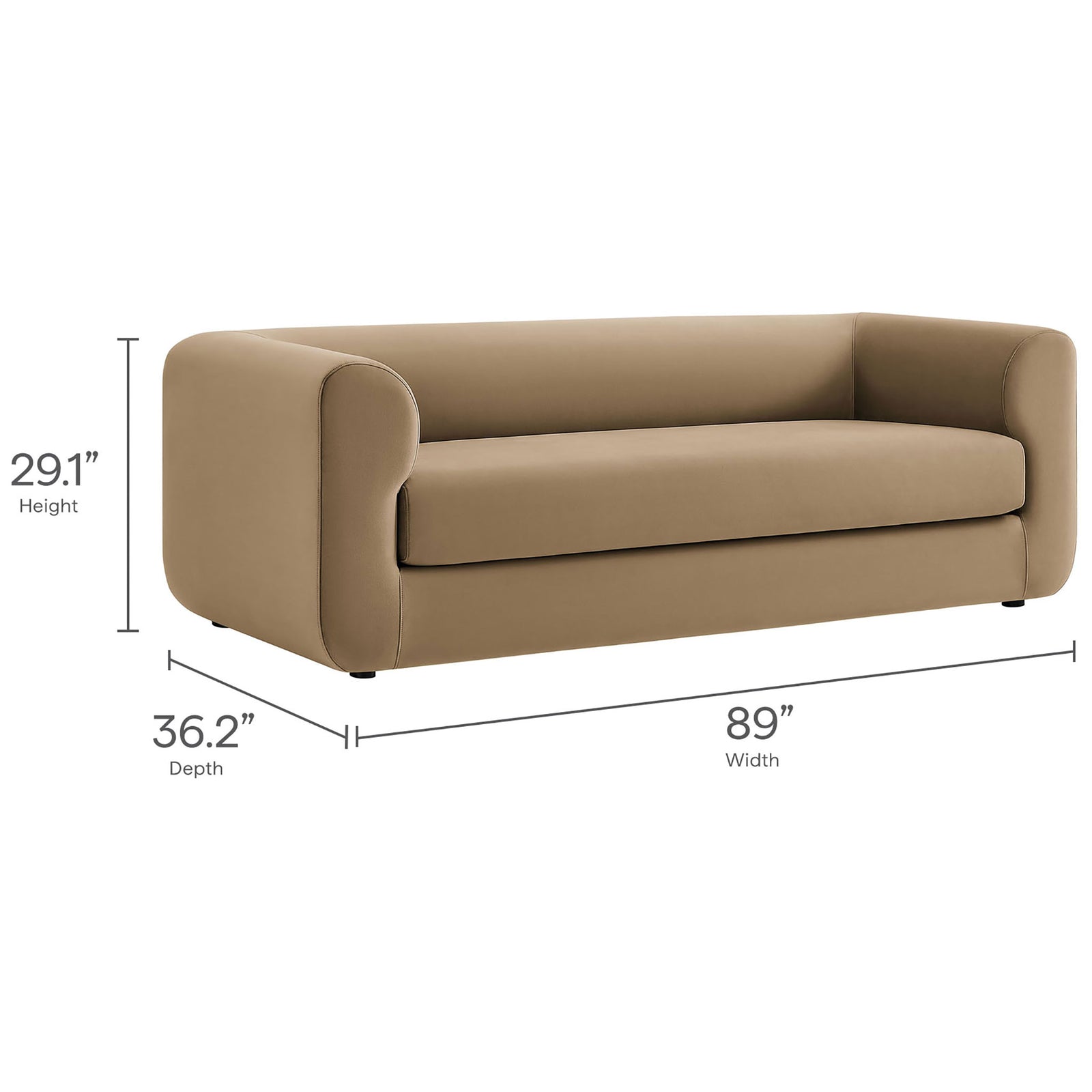 Dimension diagram of the Leif sofa showing 89 inch width, 36.2 inch depth, and 29.1 inch height || EEI-7281-TAU || dimension_studio