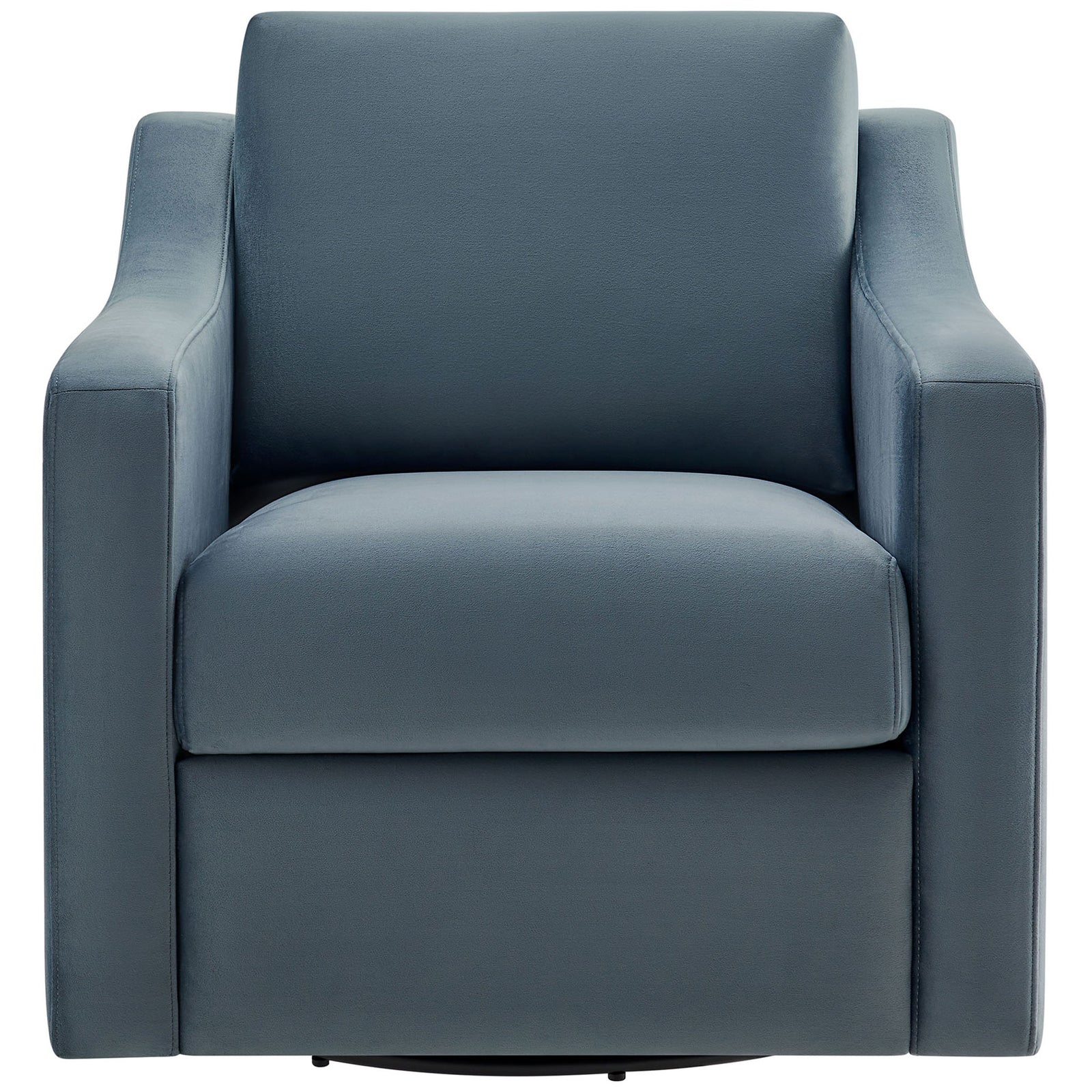 Plush cadet blue velvet armchair with curved arms and removable cushions on a smooth swivel base || EEI-7282-CAB || front_studio
