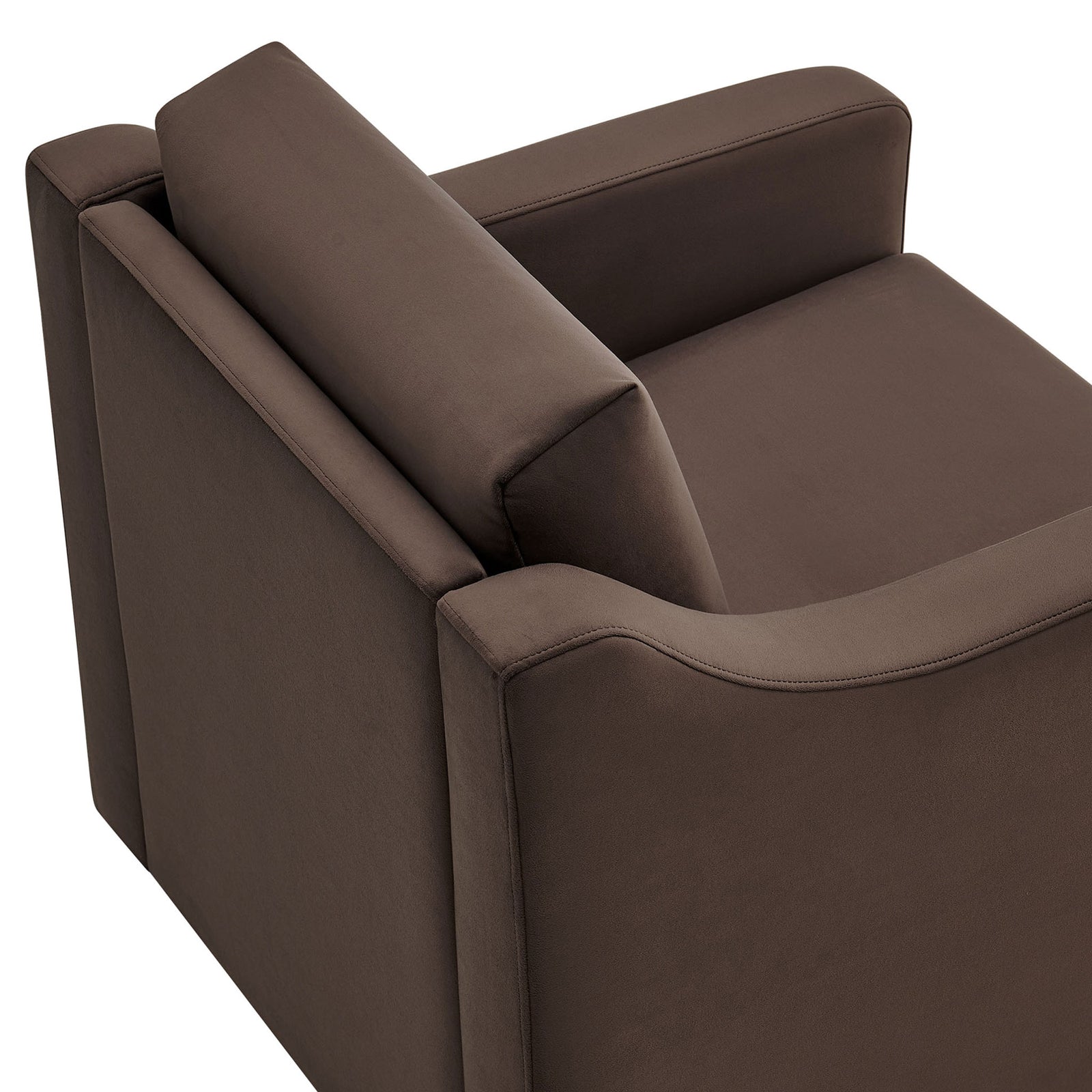 Sloped arm and cushioned back highlight the smooth, soft velvet upholstery and refined tailoring || EEI-7282-CHB || detail_studio