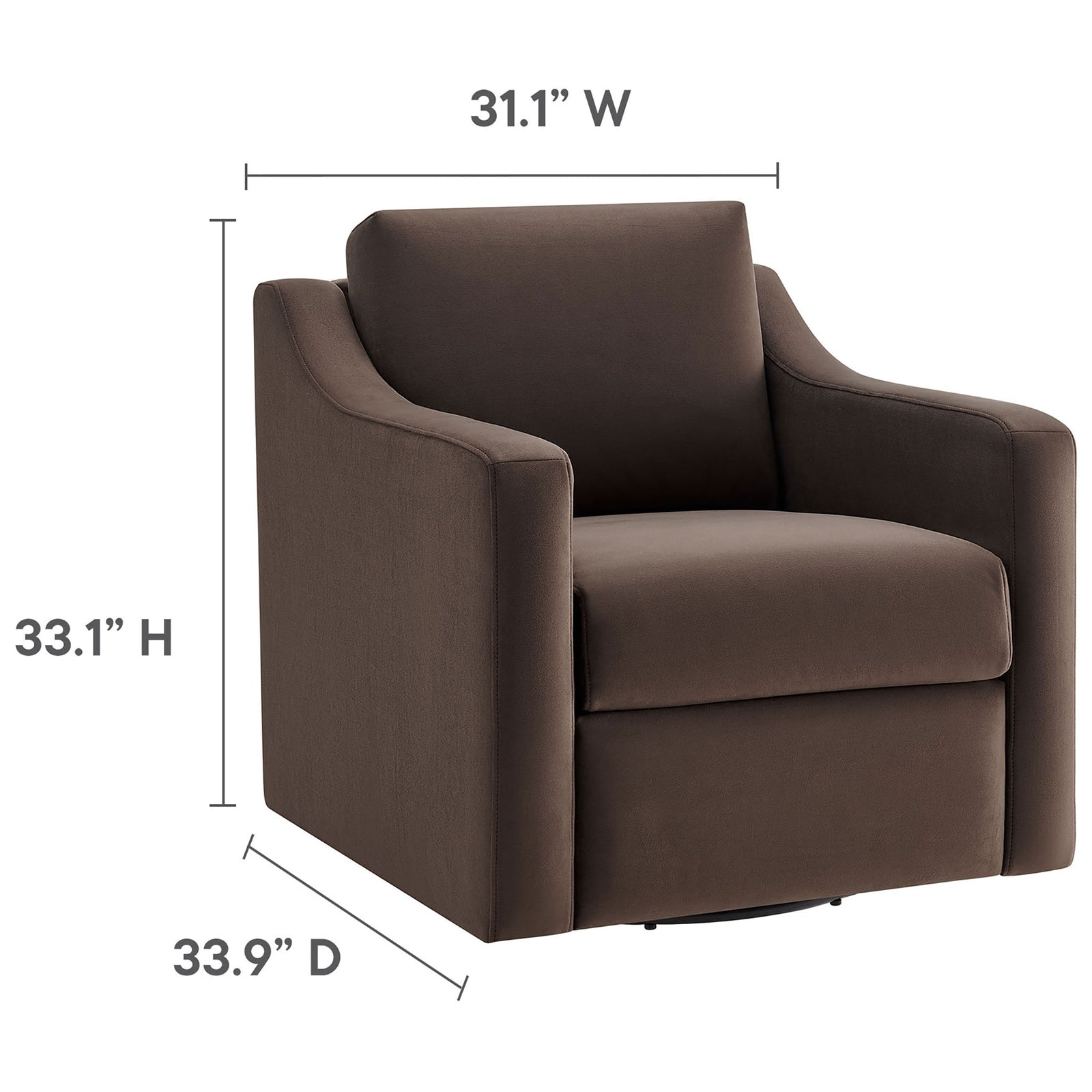 Dimensions of the chocolate velvet armchair shown for width, height, and depth || EEI-7282-CHB || dimension_studio