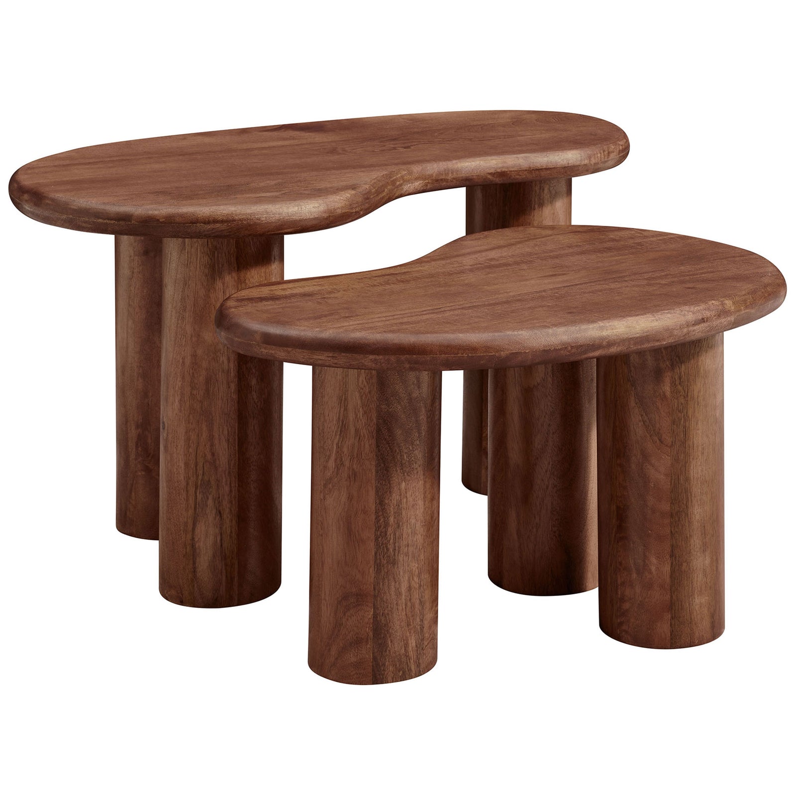 Two-piece mango wood coffee tables with organic kidney tops and thick cylinder legs in a warm walnut finish || EEI-7283-WAL || front_angle_studio