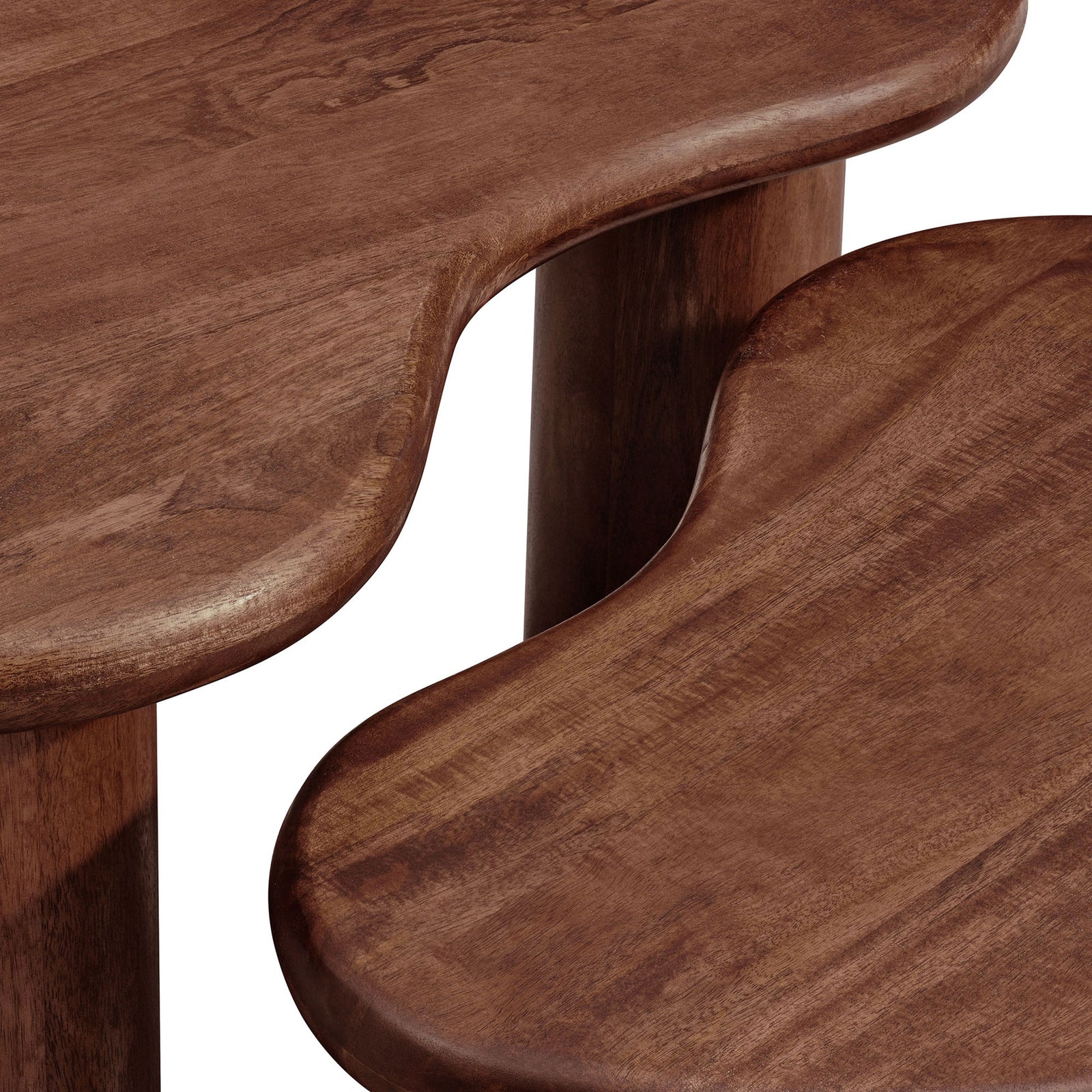 Rounded lip and rich wood grain on the sculpted mango wood tabletops || EEI-7283-WAL || detail_studio