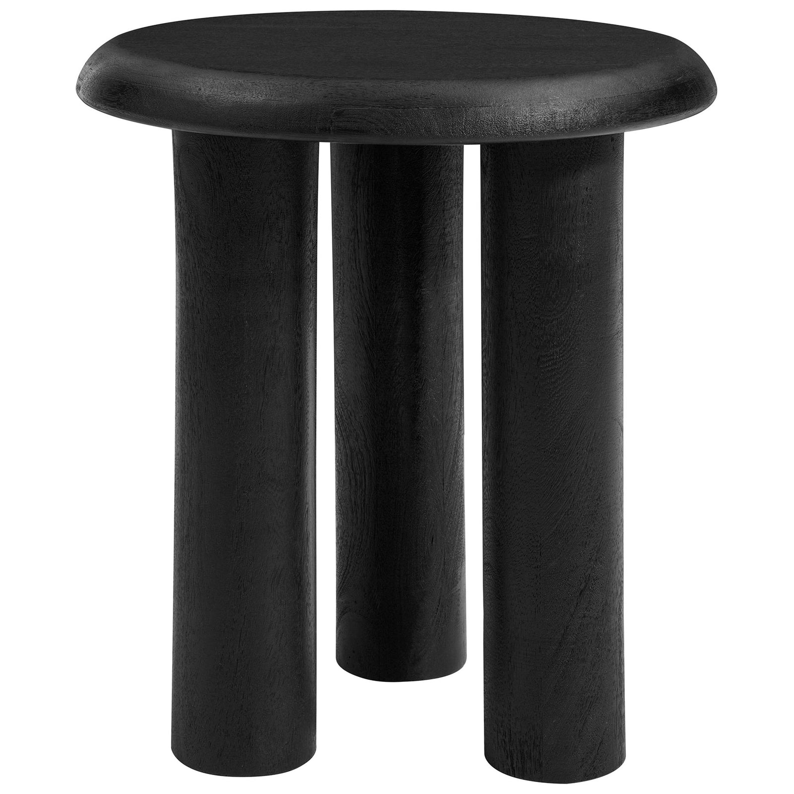 Black mango wood round side table with three thick cylindrical legs and smooth rounded top || EEI-7284-BLK || front_angle_studio