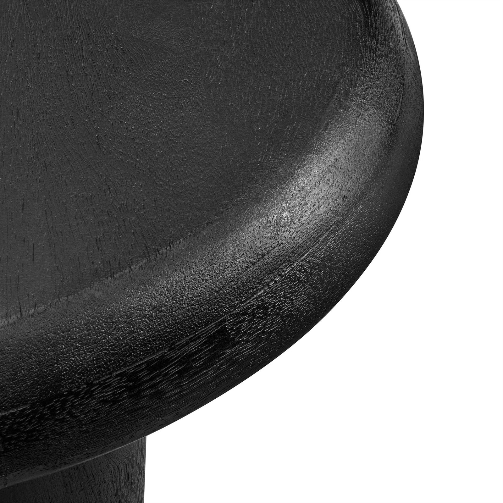 Detail of black mango wood side table edge highlighting rounded profile and textured grain || EEI-7284-BLK || detail_studio