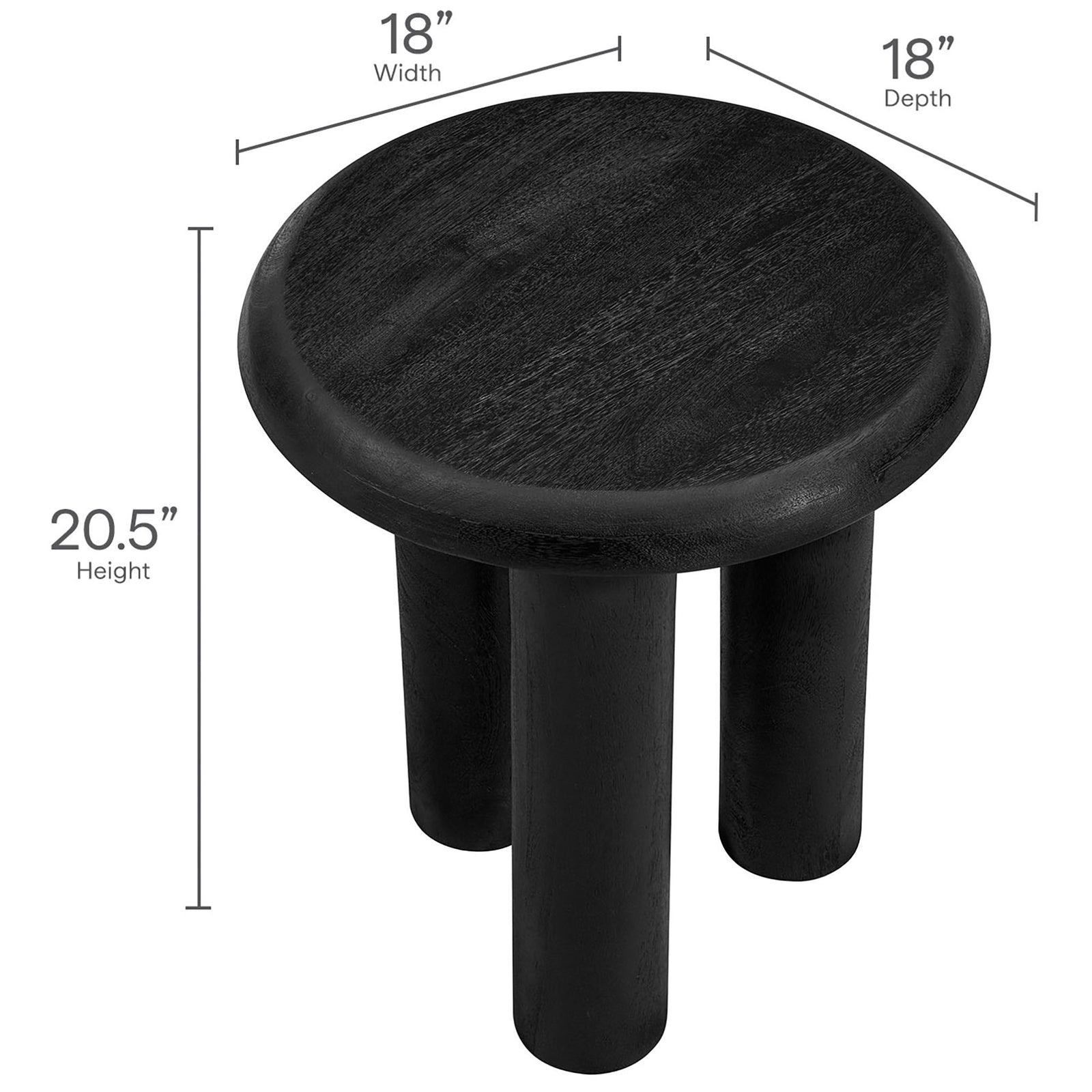 Black mango wood round side table with overlay dimensions showing 18 inch top and 20.5 inch height || EEI-7284-BLK || dimension_studio