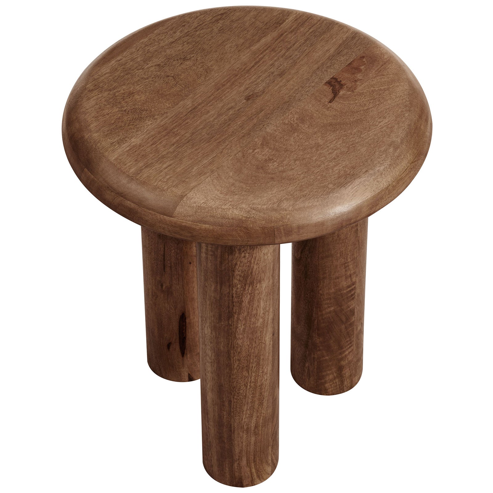 Compact round side table showcasing the thick mango wood top and sturdy tripod leg base. || EEI-7284-WAL || top_angle_studio