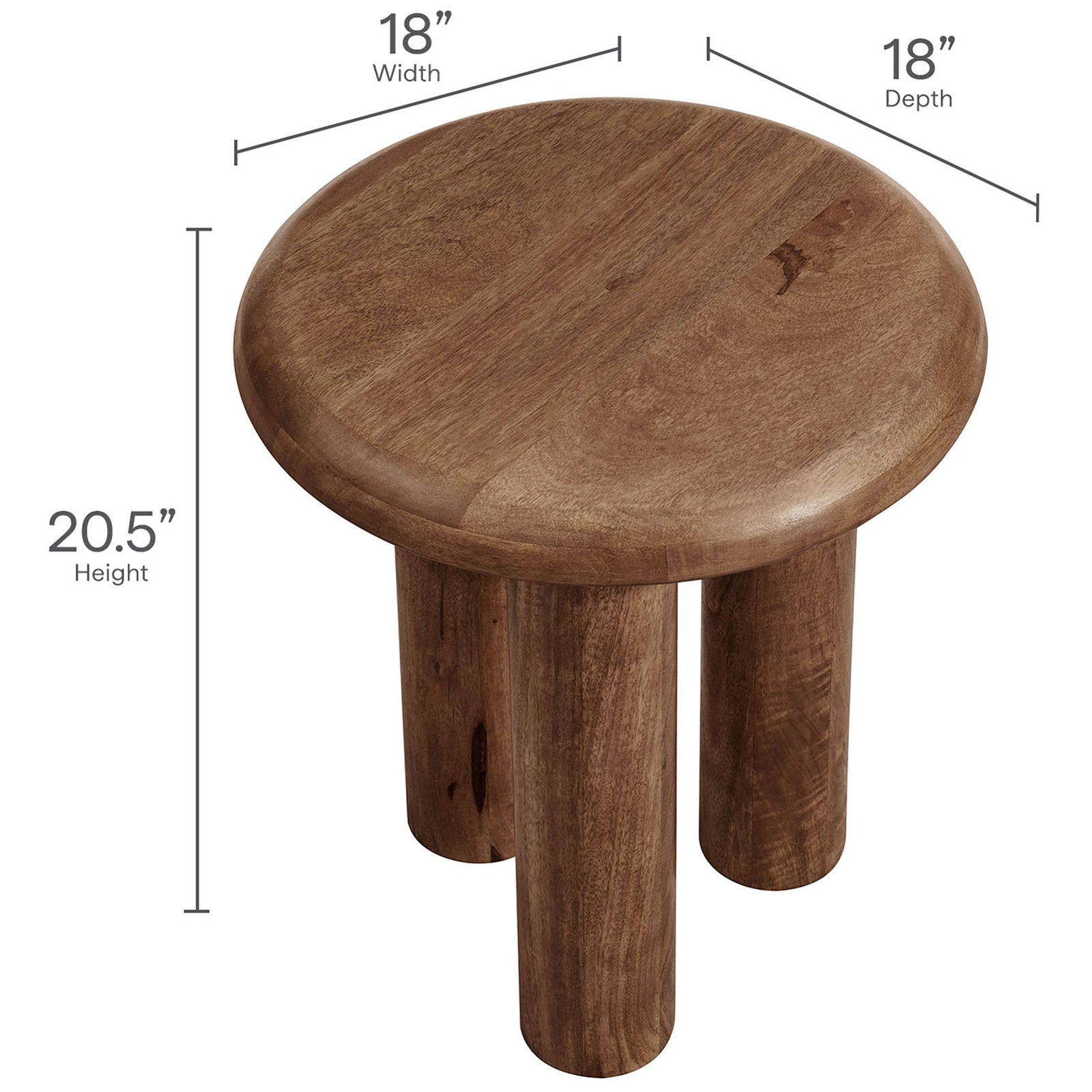 Dimensions of the Mavina round side table, measuring 18 inches wide by 18 inches deep and 20.5 inches high. || EEI-7284-WAL || dimension_studio