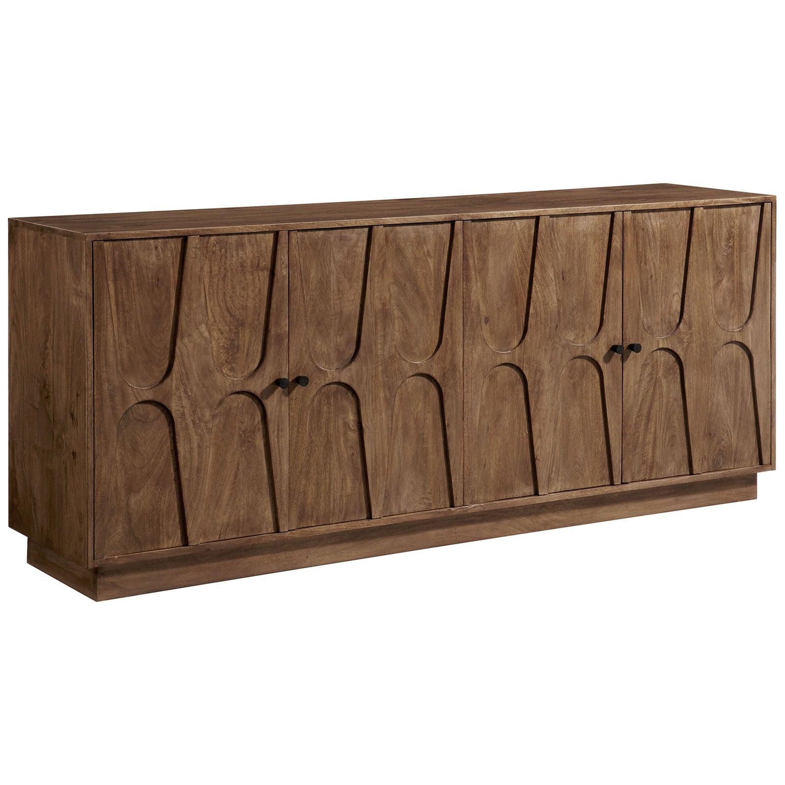 Walnut mango wood sideboard with sculpted four-door front and plinth base for bold, modern storage || EEI-7285-WAL || front_angle_studio