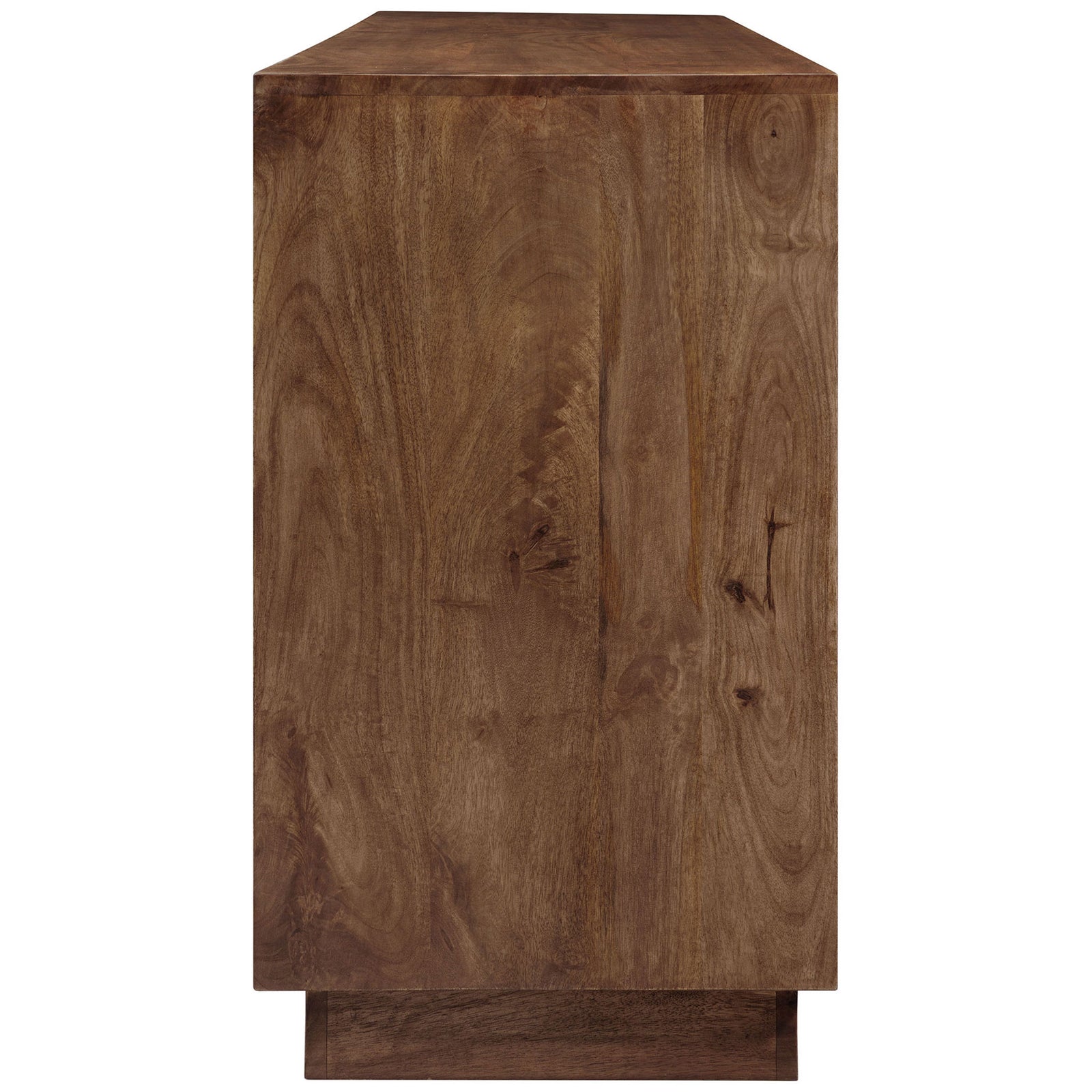 Long mango wood sideboard showcasing rich walnut grain and a sturdy plinth base || EEI-7285-WAL || side_studio