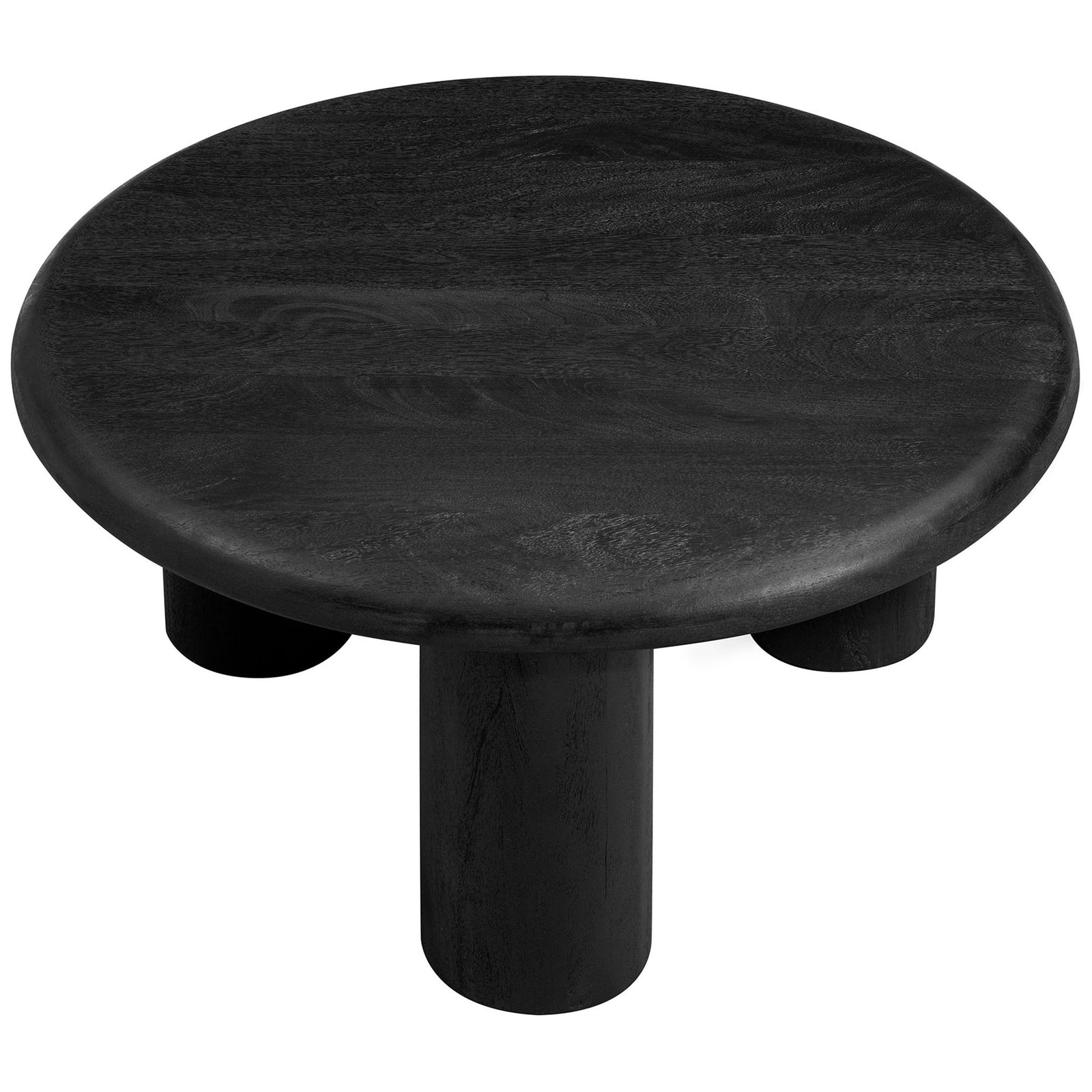 Spacious round tabletop shows rich mango wood grain and smooth beveled edge in deep black || EEI-7286-BLK || top_angle_studio