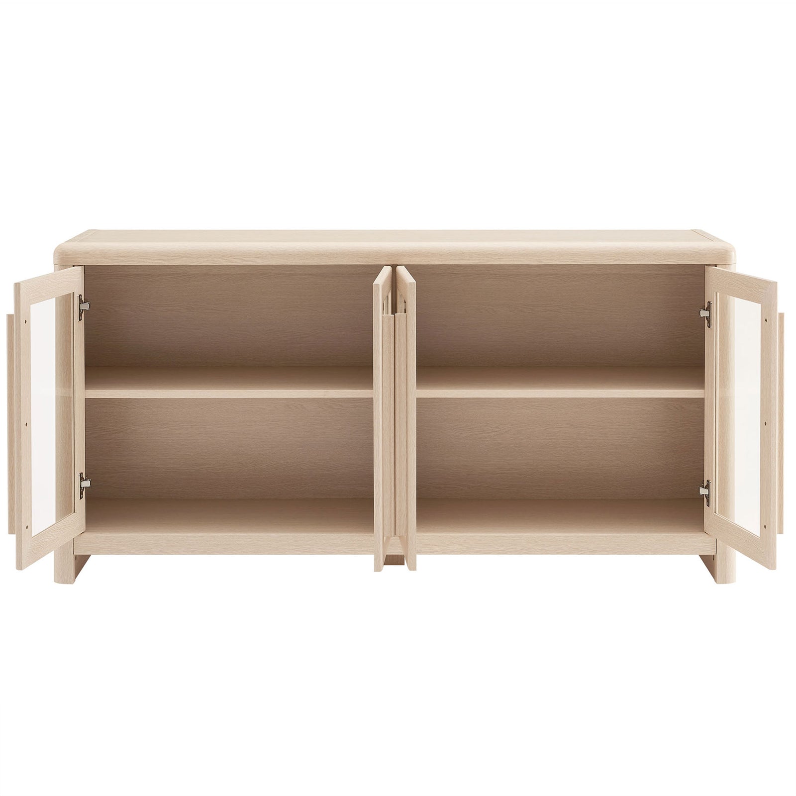 Evren sideboard cabinet with all four glass doors open revealing spacious adjustable shelving. || EEI-7287-ASH || front_open_studio