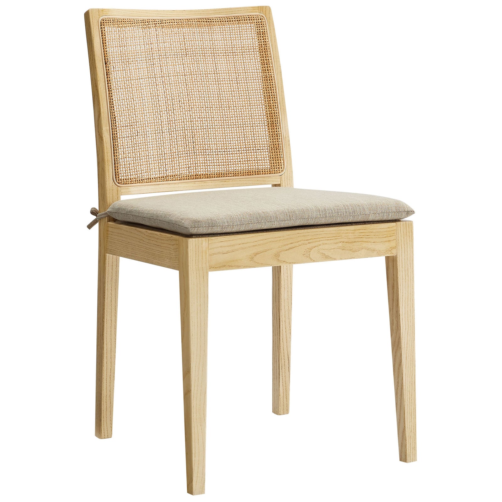 Natural wood dining chair with woven rattan back and tied beige cushion for breezy coastal-inspired seating || EEI-7288-NAT-BEI || front_angle_studio