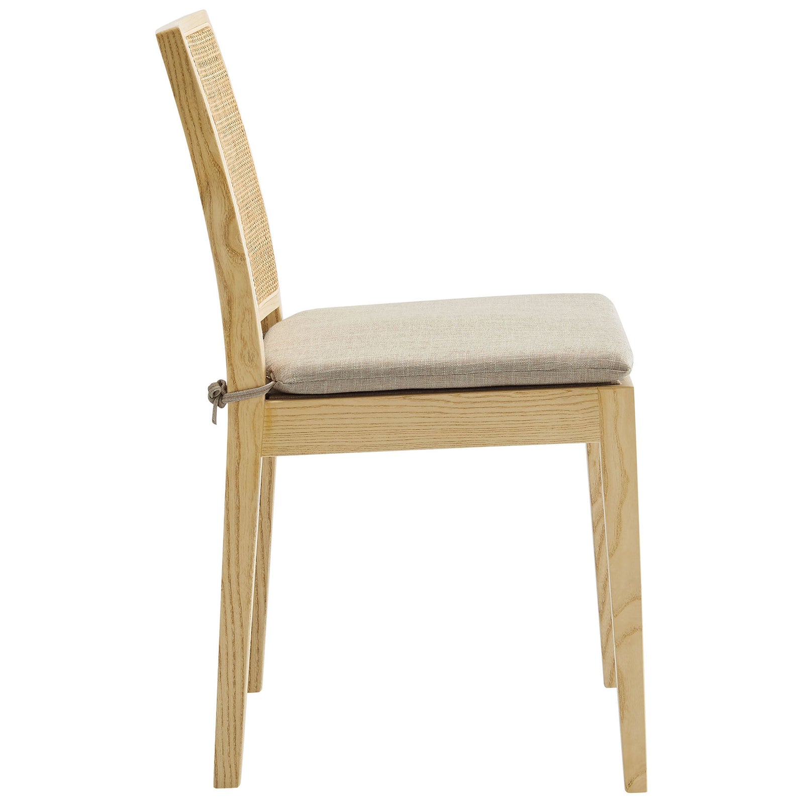 Slim natural wood dining chair with padded beige seat and rattan back that offers everyday comfort at the table || EEI-7288-NAT-BEI || side_studio