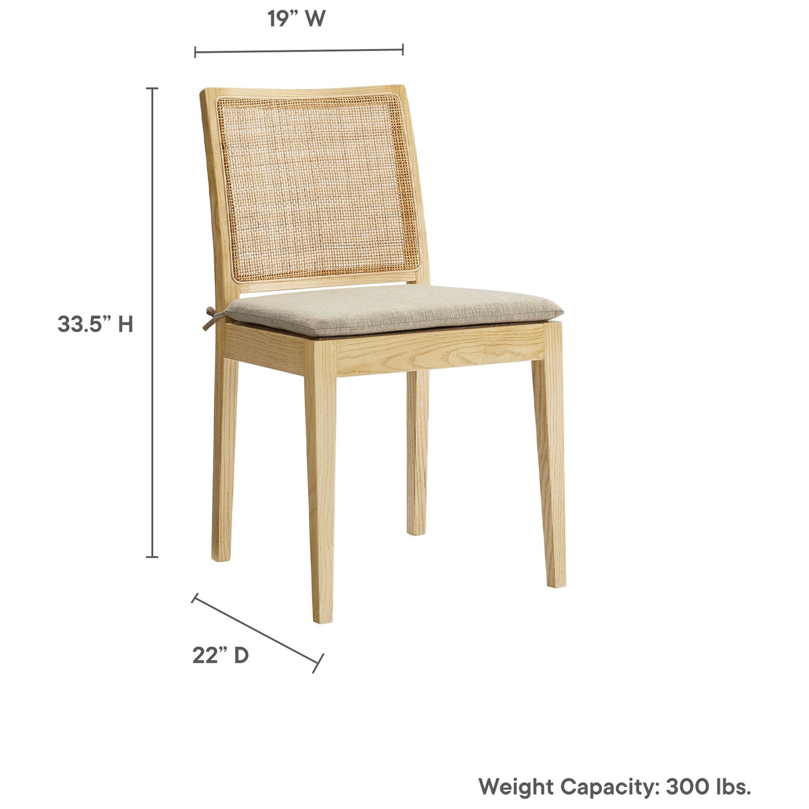 Ovard wood and rattan dining chair with clearly labeled dimensions and 300 lb weight capacity for simple room planning || EEI-7288-NAT-BEI || dimension_studio
