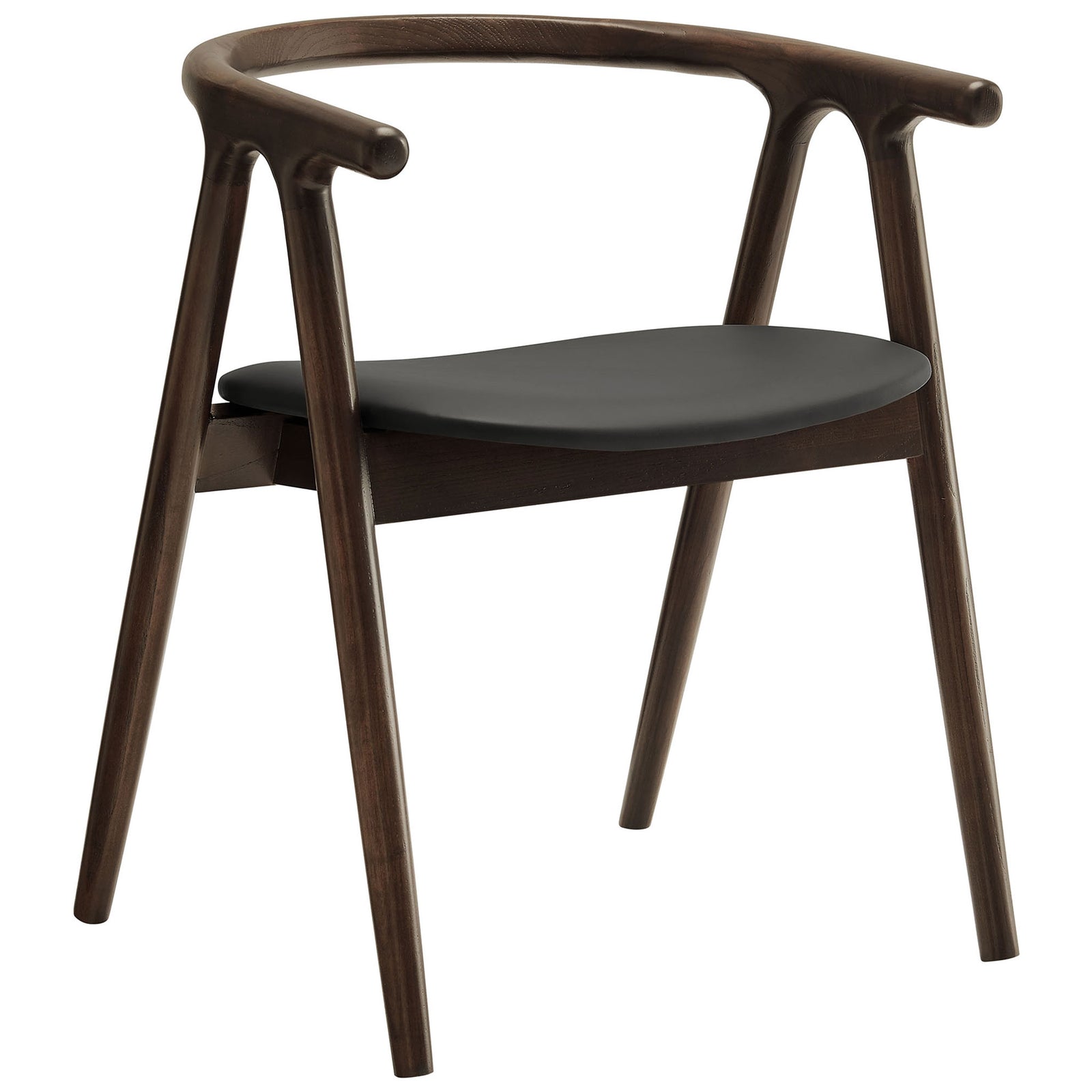 Sculpted elm wood dining chair with black vegan leather seat and open barrel back design || EEI-7291-BLK || front_angle_studio
