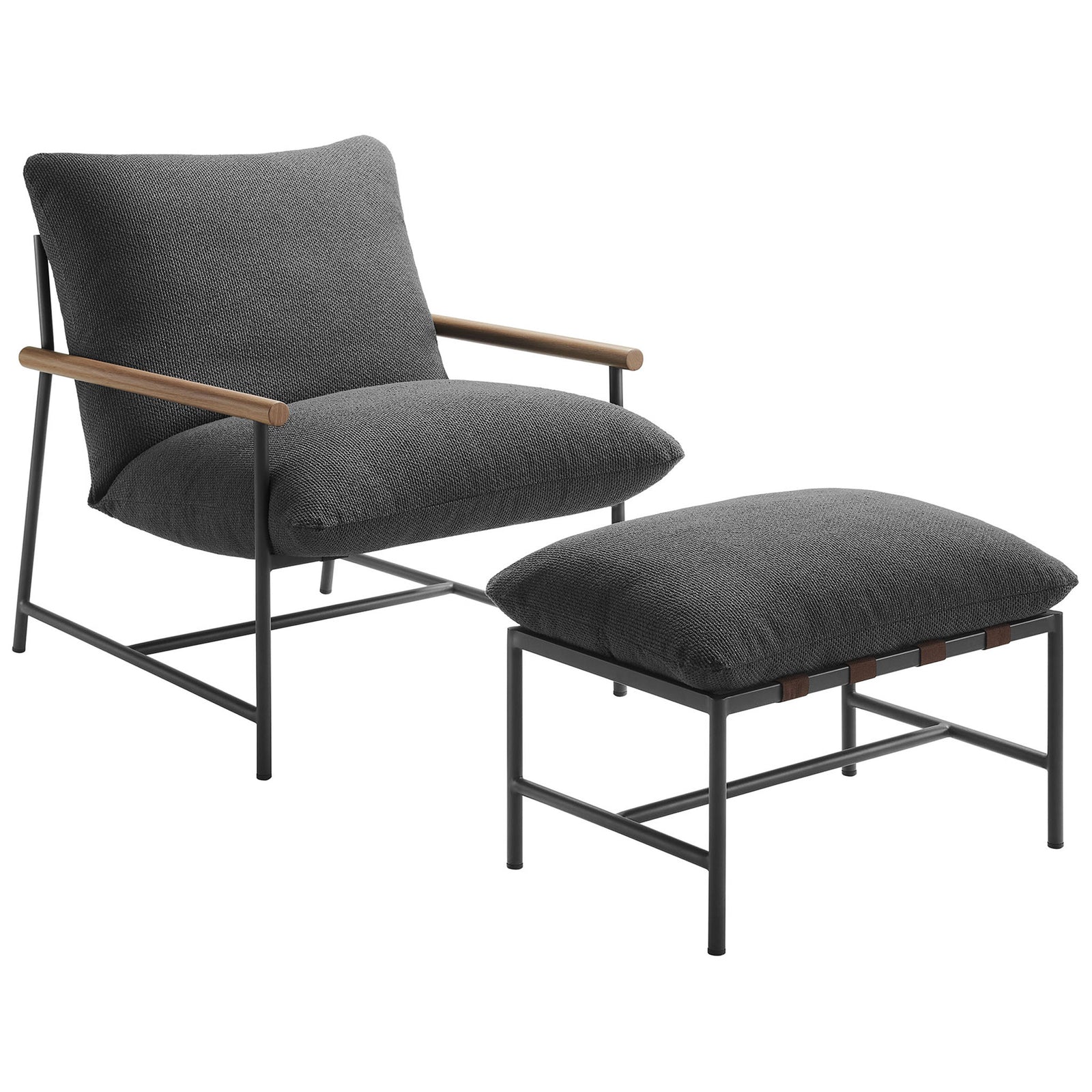 Charcoal boucle outdoor lounge chair and ottoman with slim black frame and wood-look arms || EEI-7292-CHA || front_angle_studio
