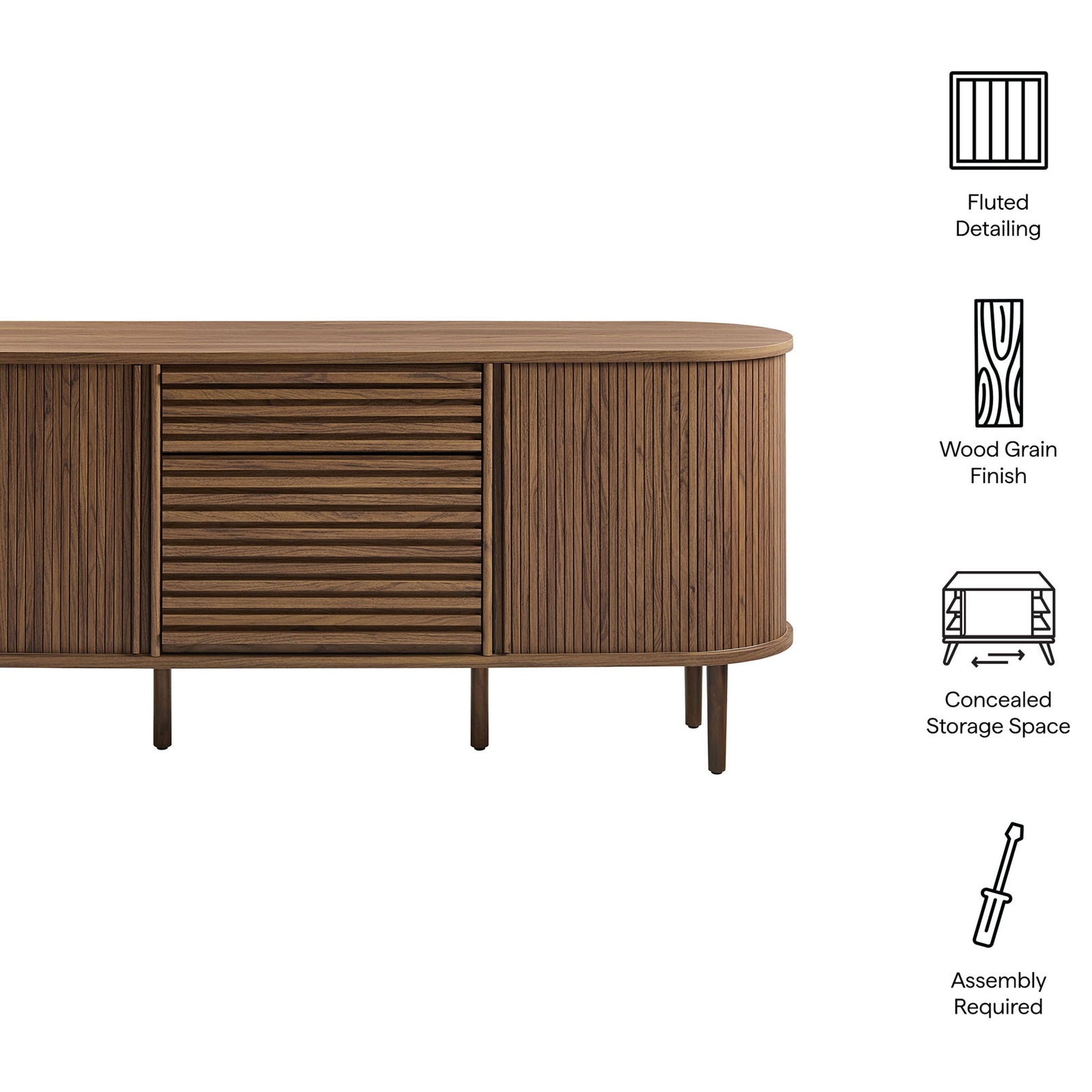 Feature callouts highlight fluted detailing, wood grain finish, concealed storage, and easy assembly || EEI-7293-WAL || callout_studio