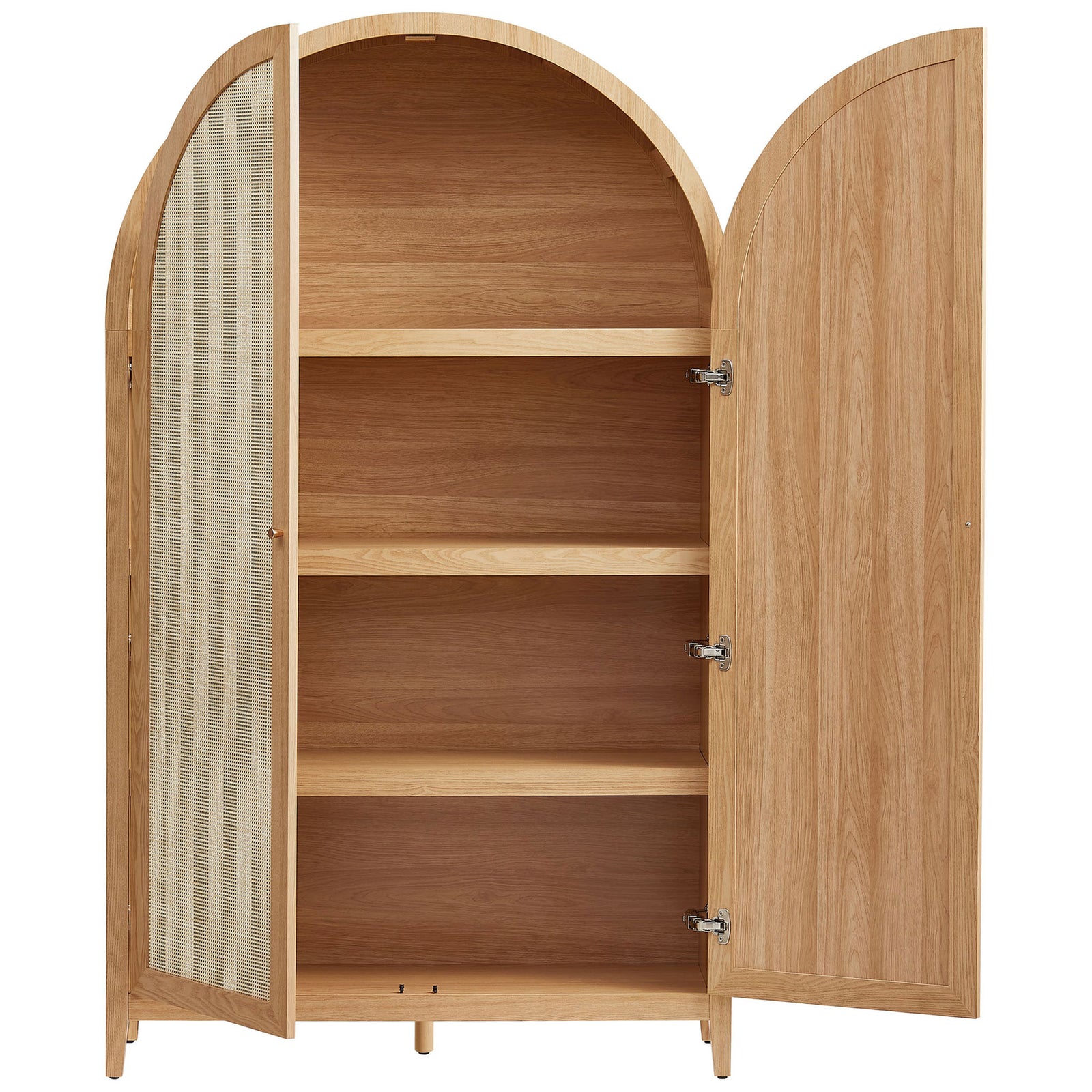 Natural cabinet with doors open revealing three spacious wood shelves for linens and decor || EEI-7294-NAT || front_open_studio