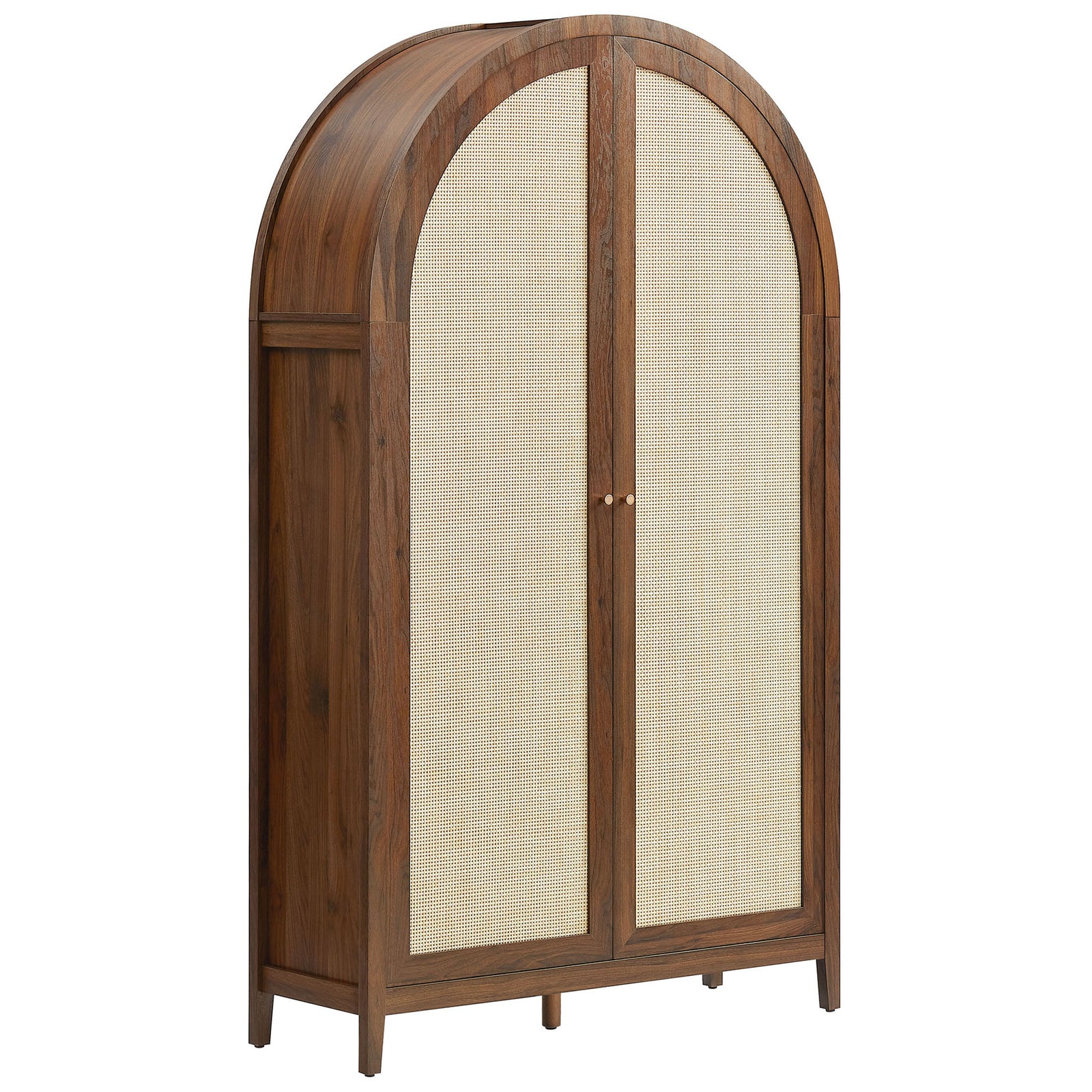 Walnut arched storage cabinet with rich wood grain and woven rattan doors for versatile storage || EEI-7294-WAL || front_angle_studio